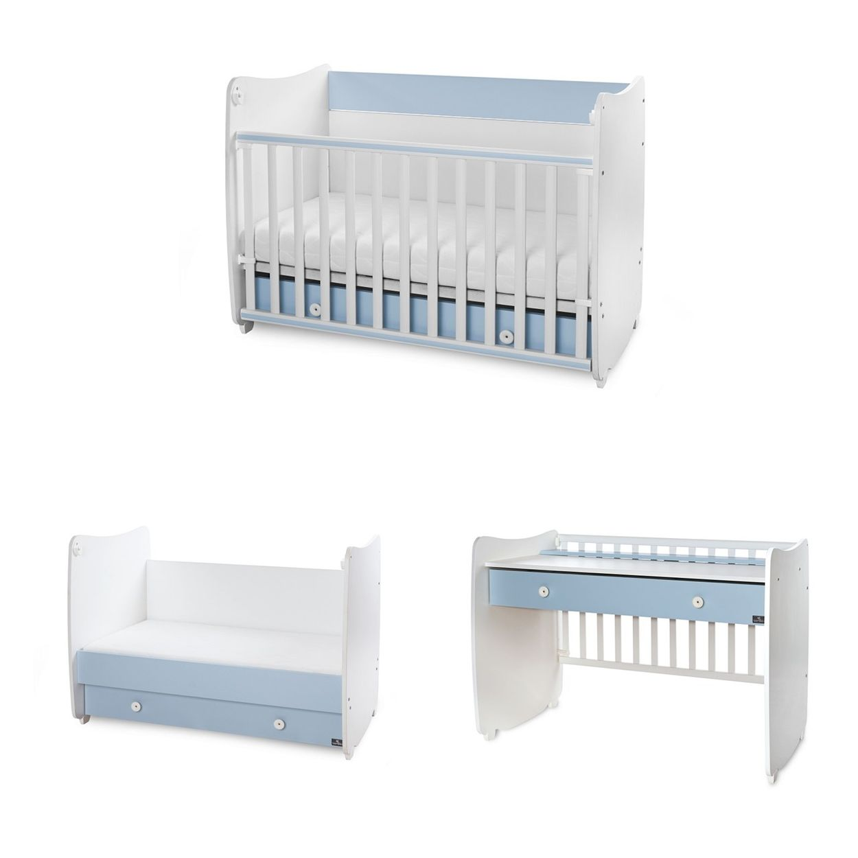Weißes und hellblaues umbaubares Babybett mit Schublade und separatem Schreibtisch.