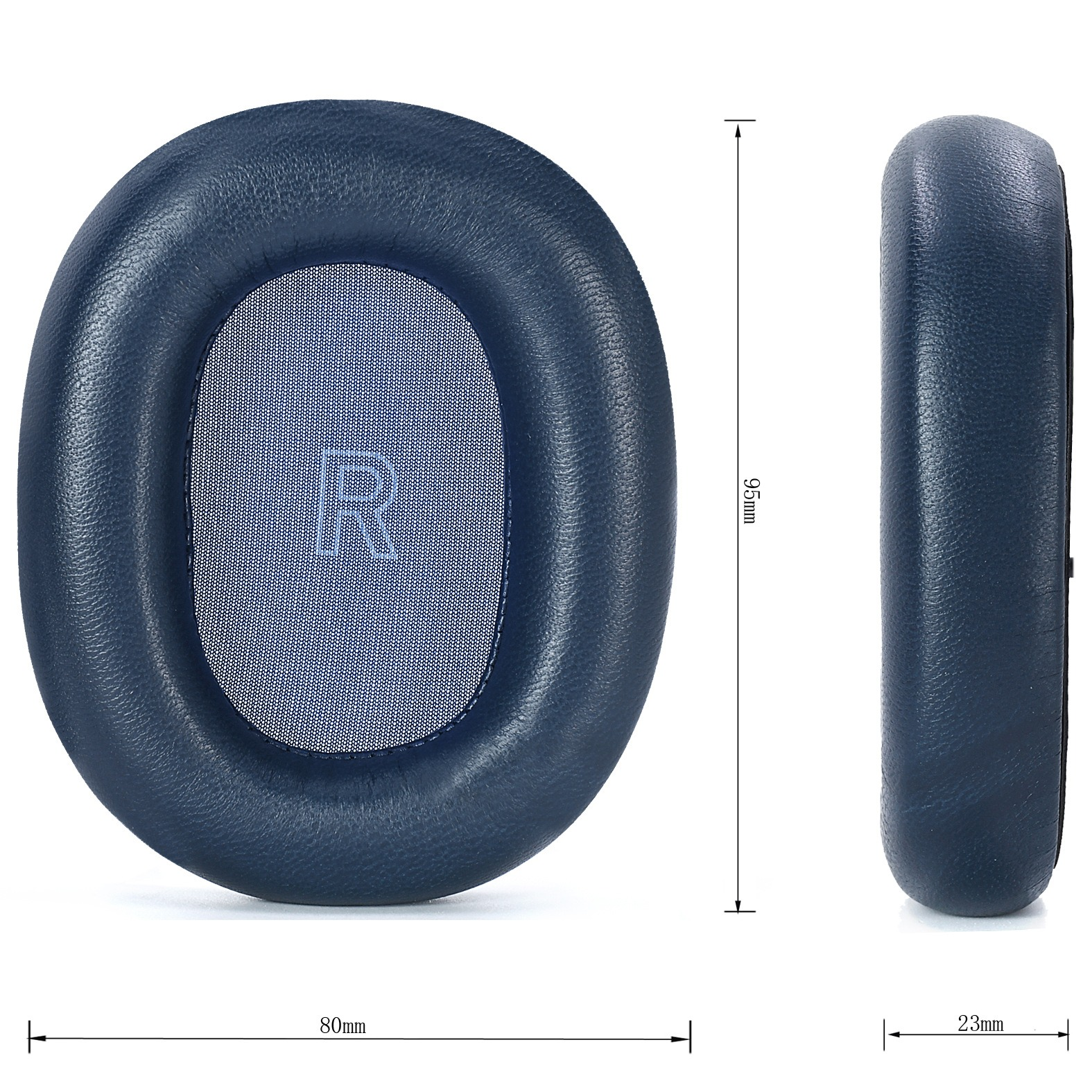 Blaue Ohrpolster mit Maßangaben von 80mm Breite, 95mm Höhe und 23mm Dicke.