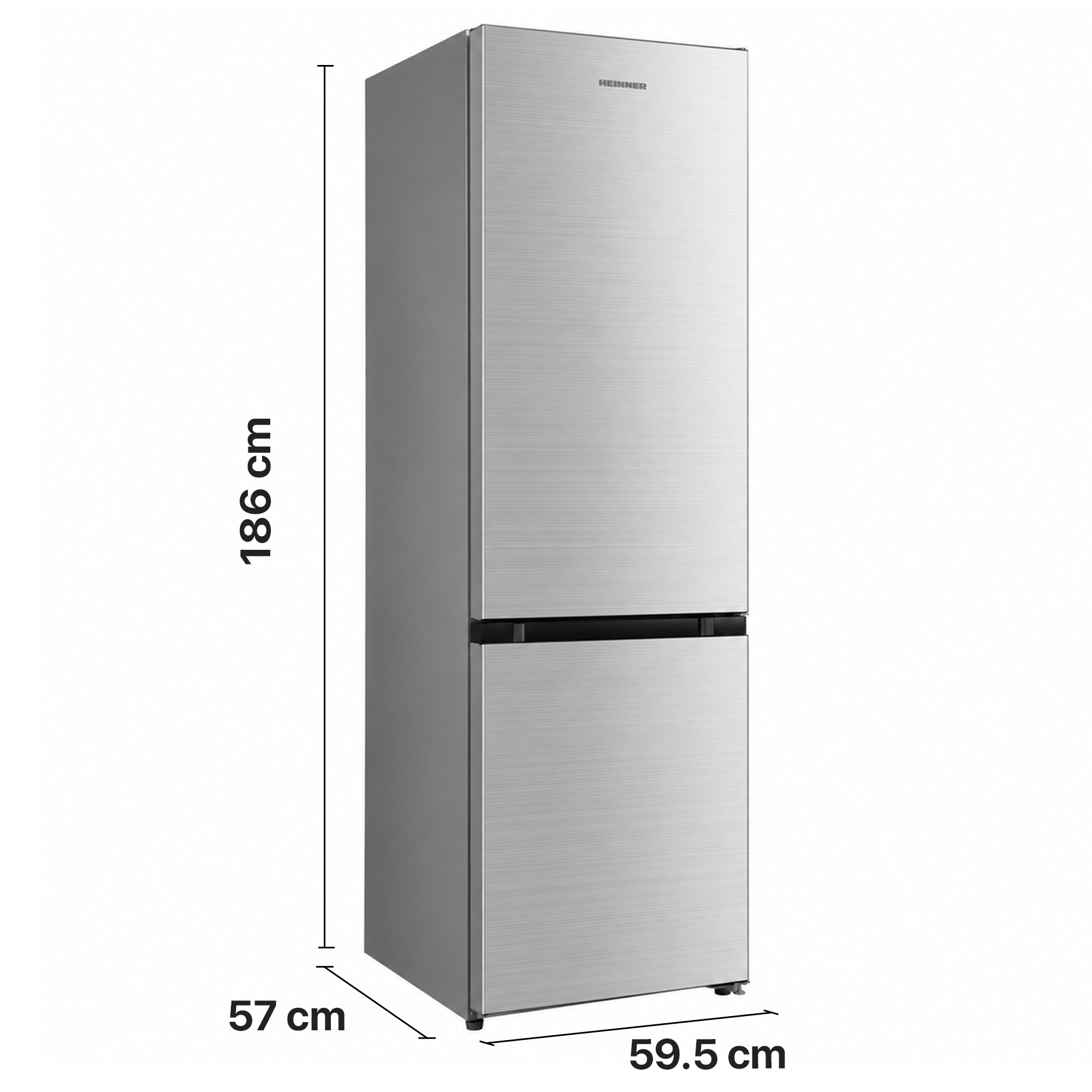 Un réfrigérateur à deux portes argenté avec dimensions sur fond blanc.
