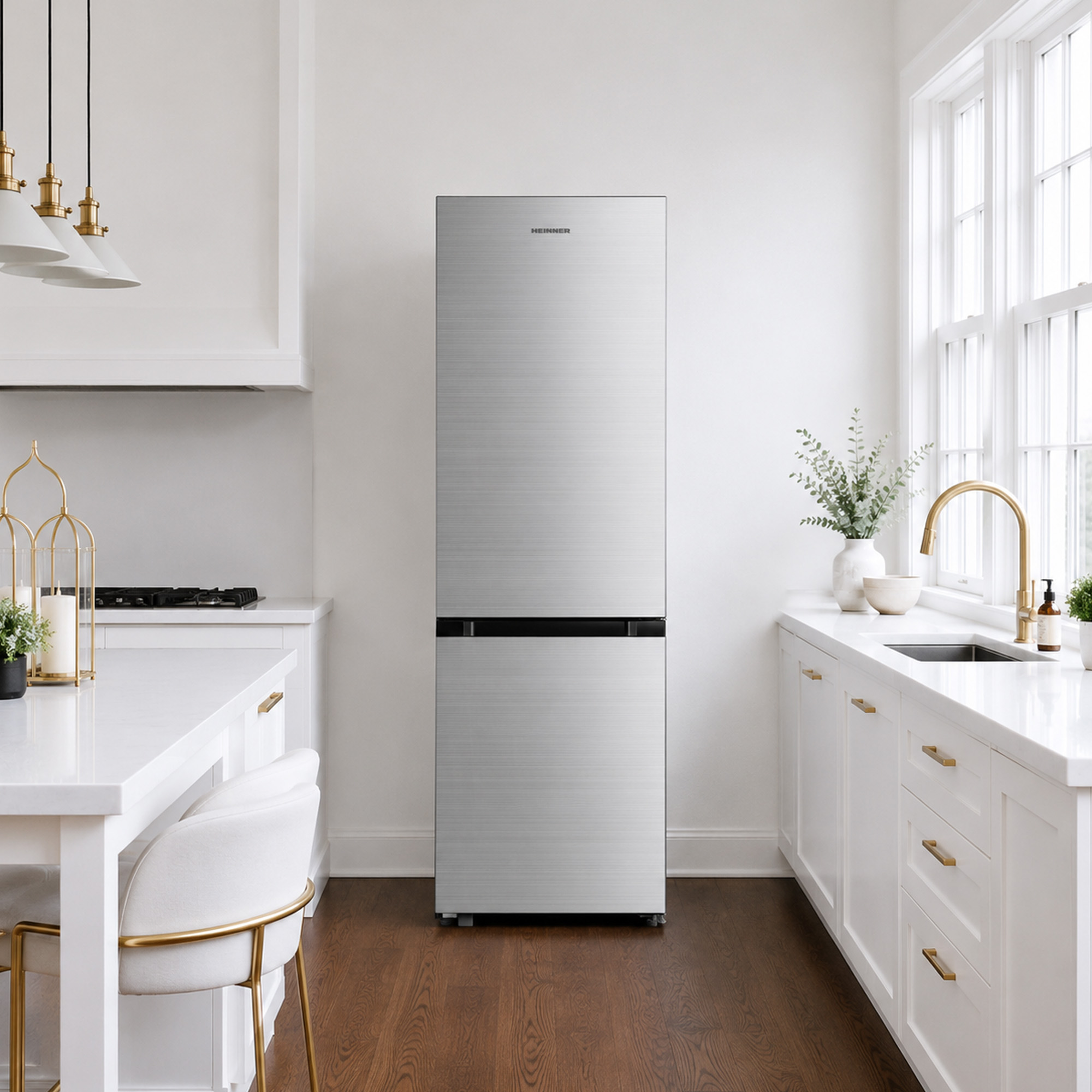 Réfrigérateur Heinner argenté dans une cuisine blanche moderne avec sol en bois et touches dorées.