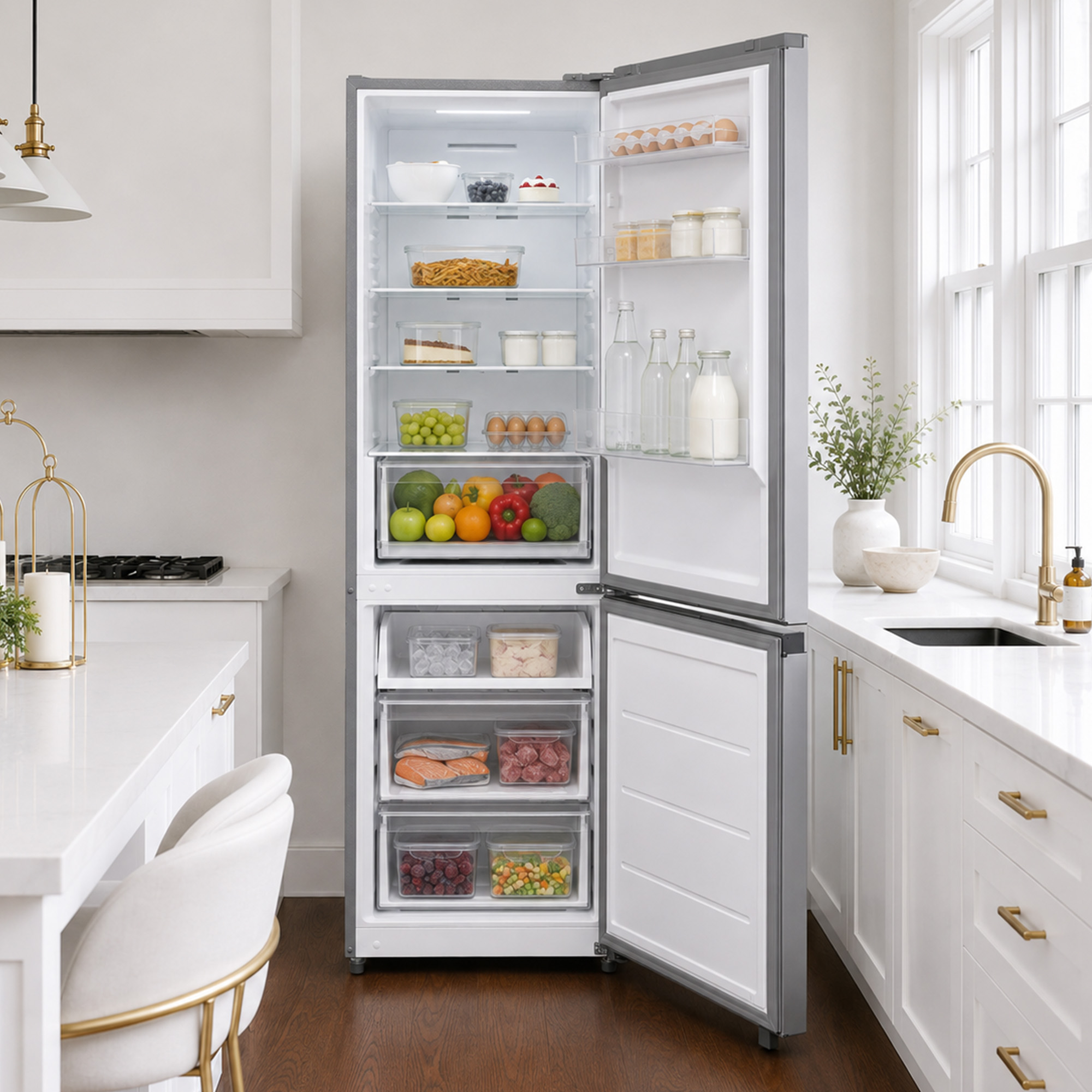 Un réfrigérateur ouvert rempli de frais se trouve dans une cuisine moderne et lumineuse.