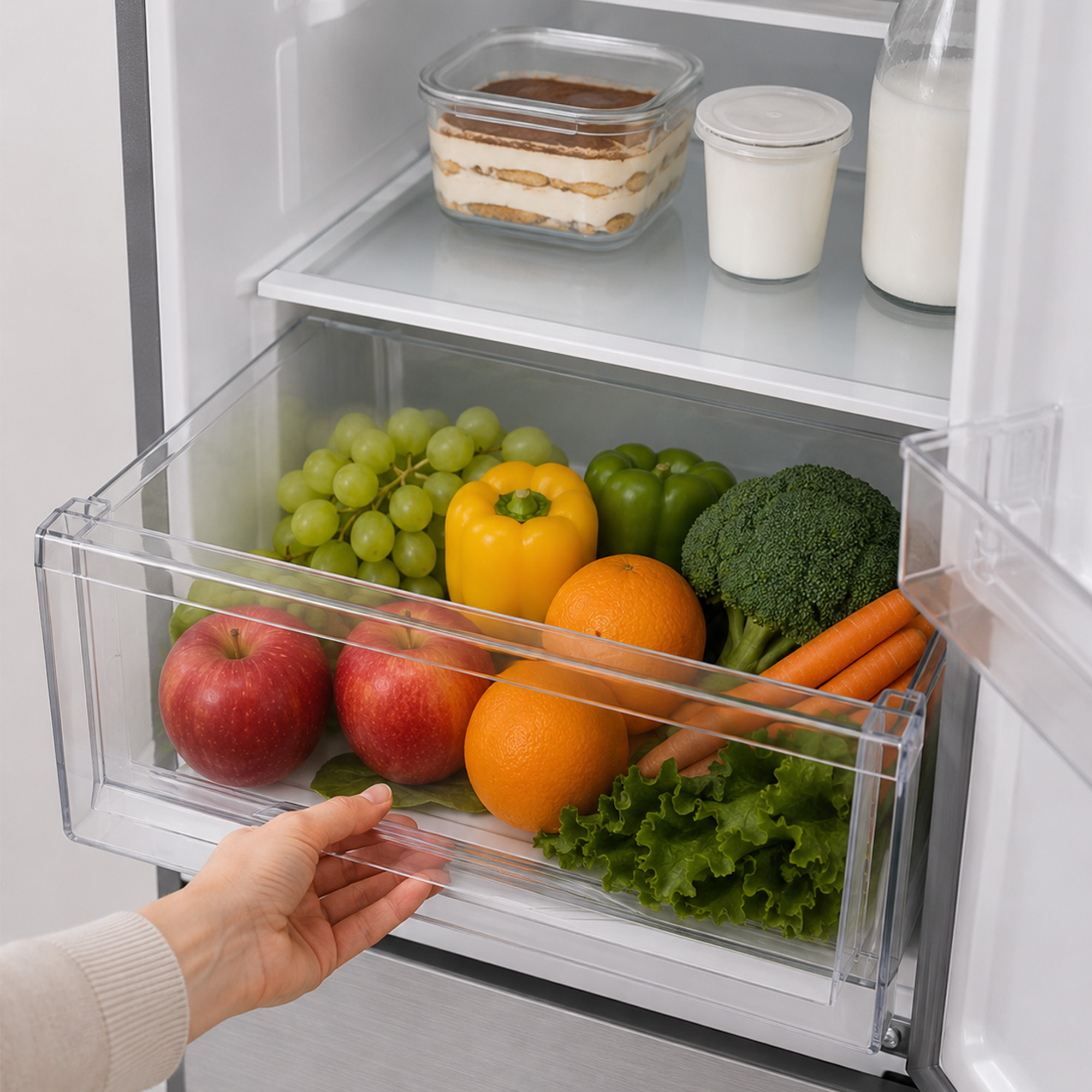 Une main ouvre un tiroir de réfrigérateur rempli de fruits et légumes frais comme des pommes, des raisins et des poivrons.