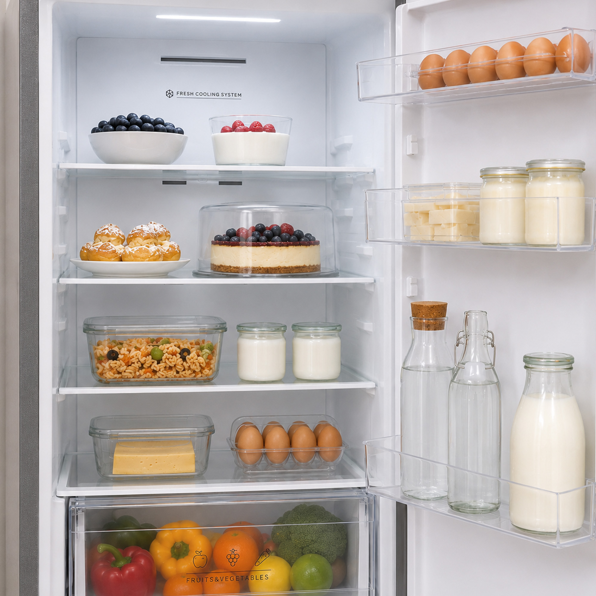 Un réfrigérateur blanc ouvert rempli de fruits, pâtisseries, produits laitiers, œufs et légumes.
