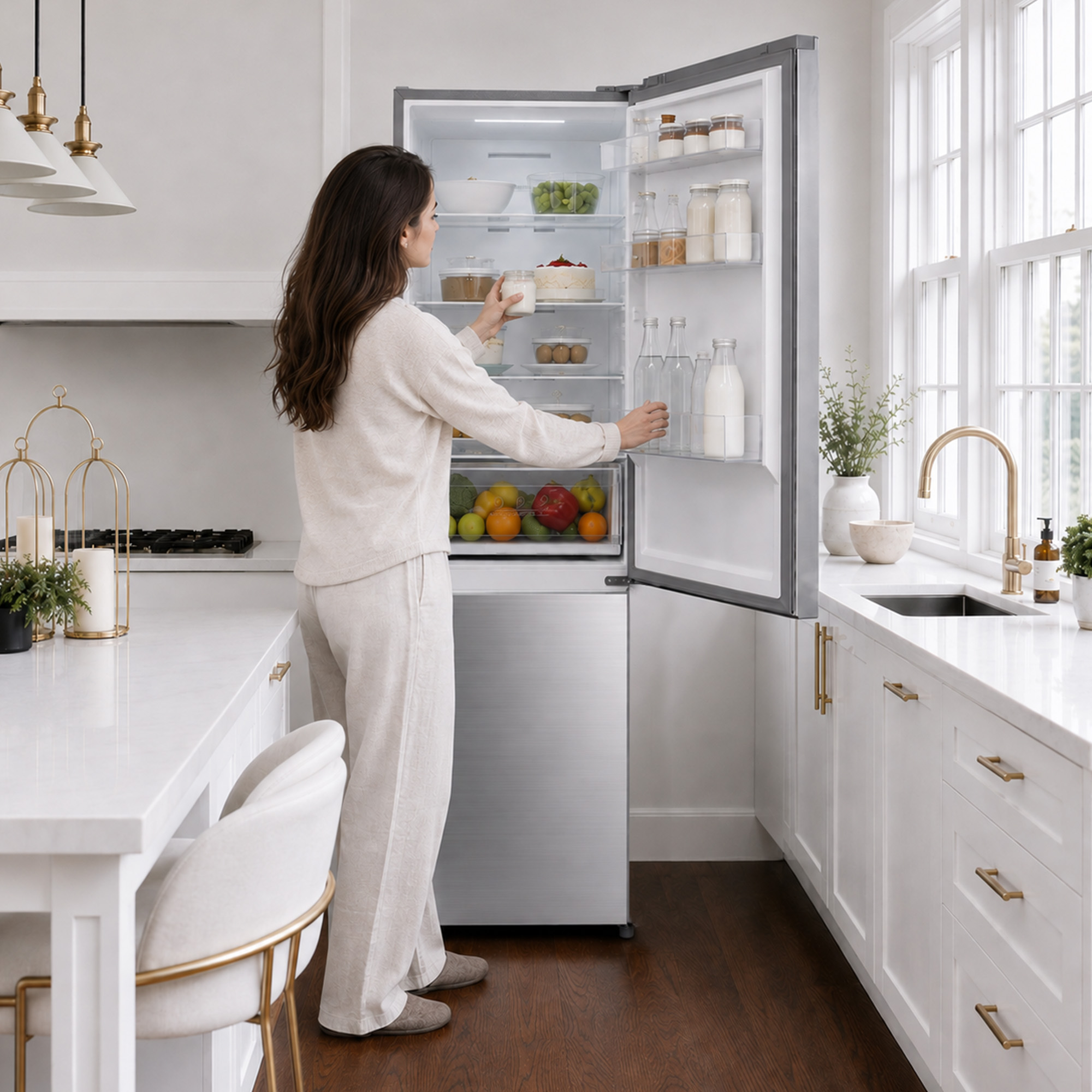 Une femme en vêtements clairs prend un bocal dans un réfrigérateur ouvert dans une cuisine blanche moderne.
