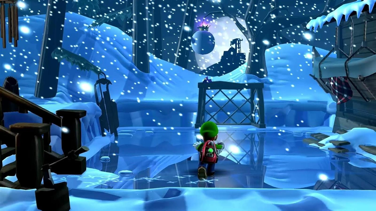 Luigi está en la nieve, mirando un lago helado bajo la luna llena.
