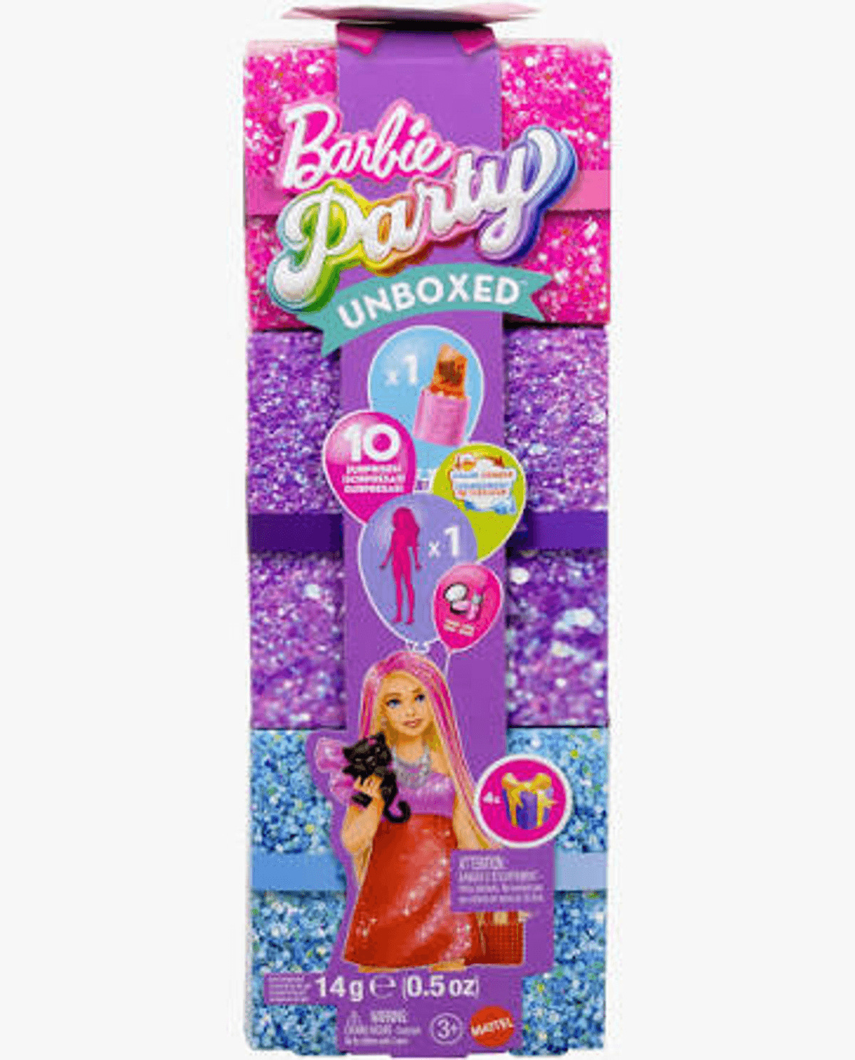 Verpackung der Barbie Party Unboxed Puppe mit pinken, violetten und blauen Akzenten und Illustrationen.