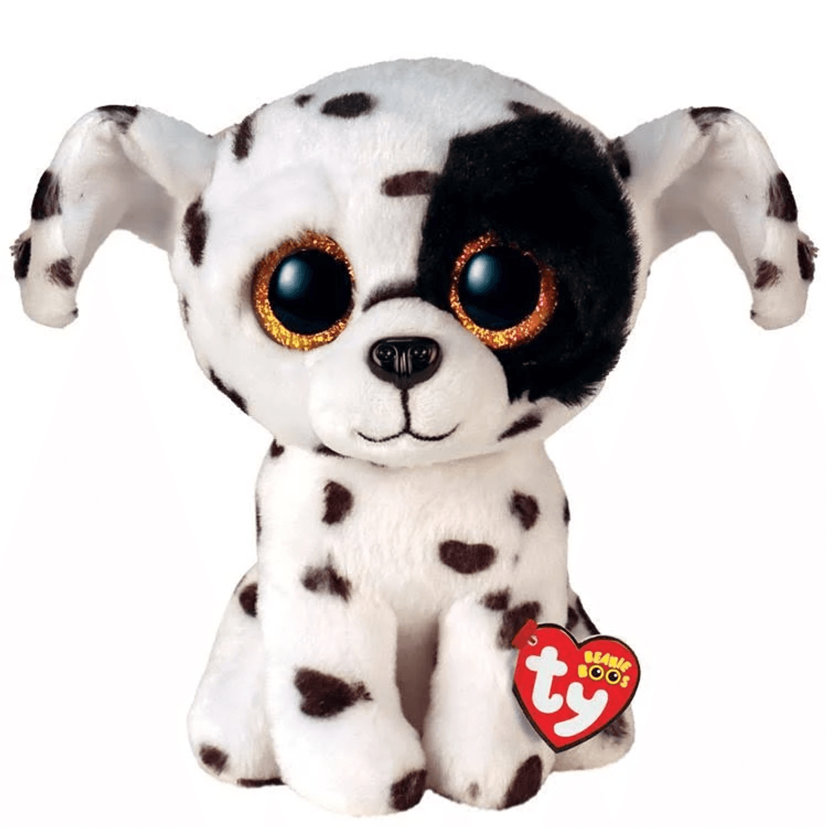 Un perro de peluche blanco con manchas negras y ojos marrones grandes y brillantes sobre fondo blanco.