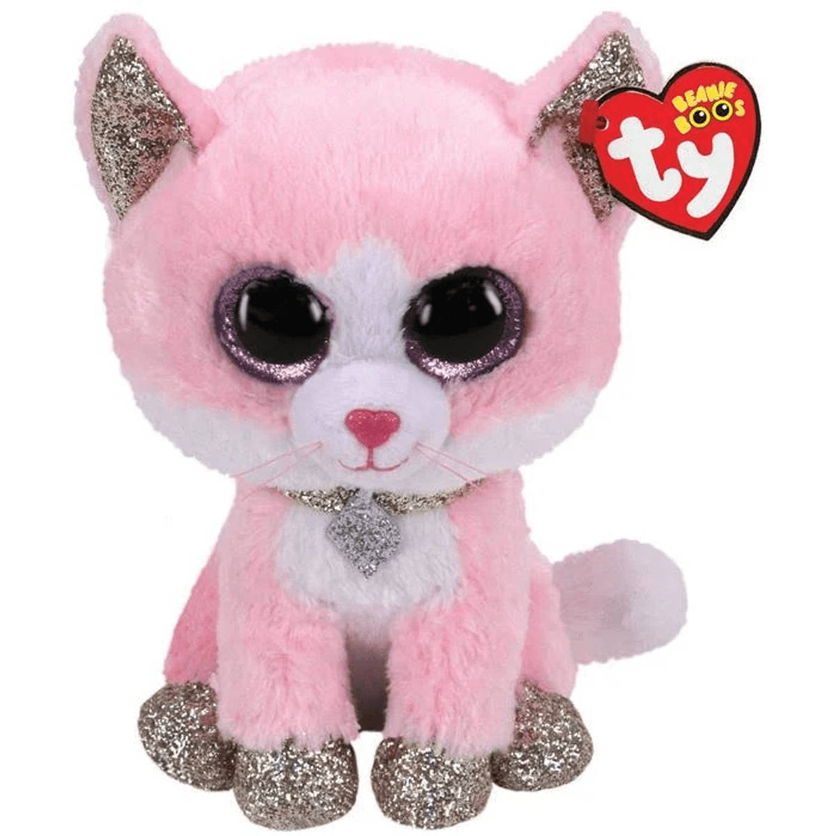Gato de peluche rosa con grandes ojos de purpurina negra, patas doradas brillantes y una etiqueta de corazón Ty roja.
