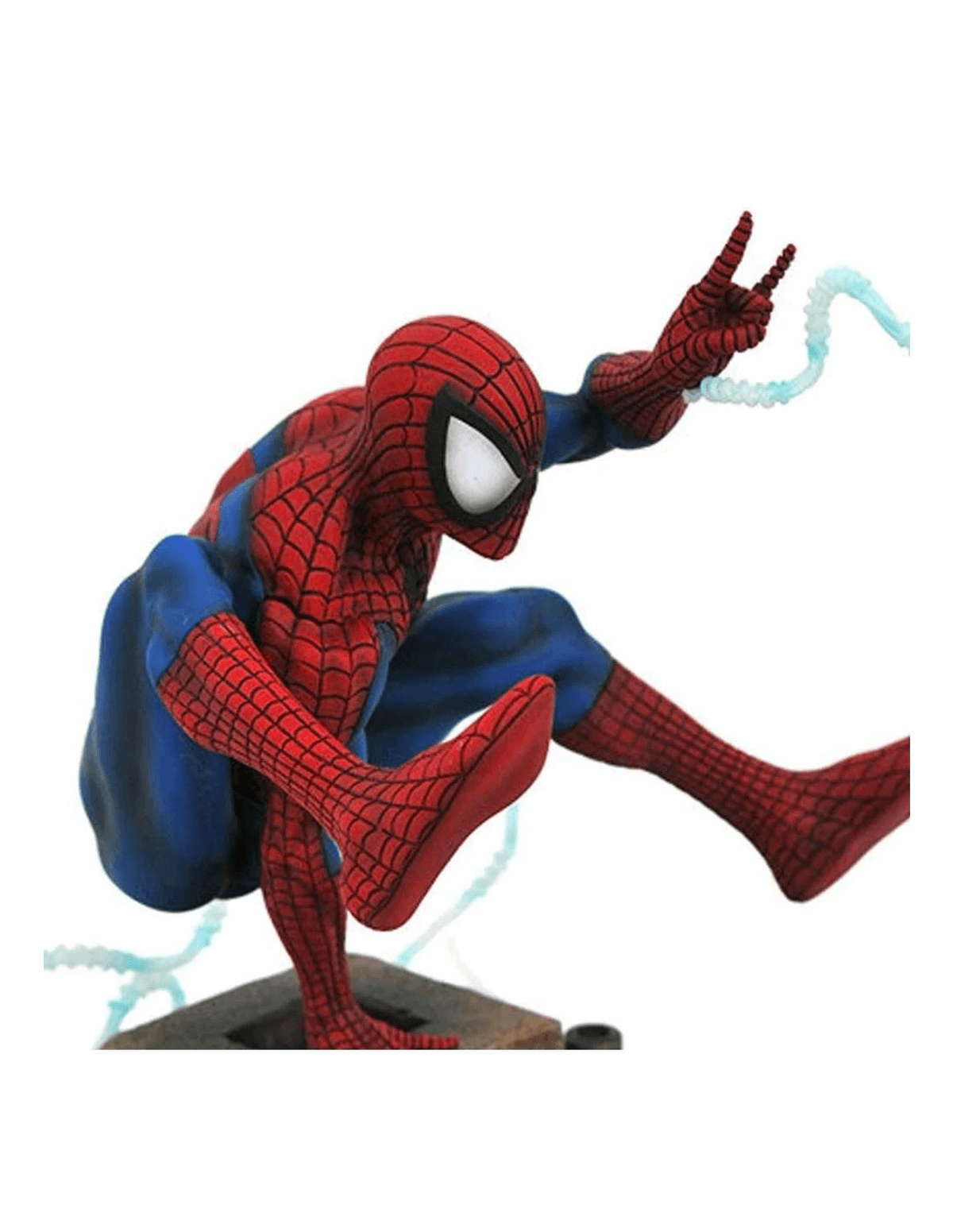 Figura detallada de Spider-Man en pose de cuclillas disparando telarañas azules sobre un fondo blanco.
