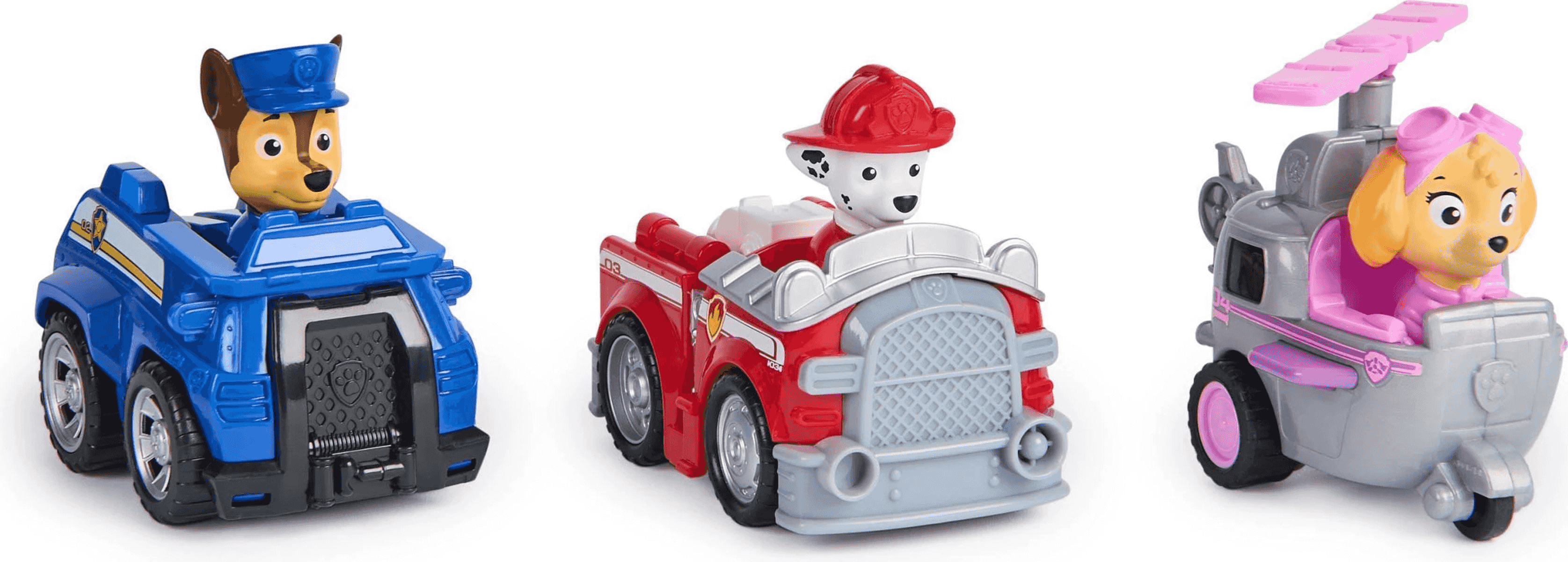 Tres vehículos de juguete de Paw Patrol con Chase en un coche de policía, Marshall en un camión y Skye en un helicóptero.