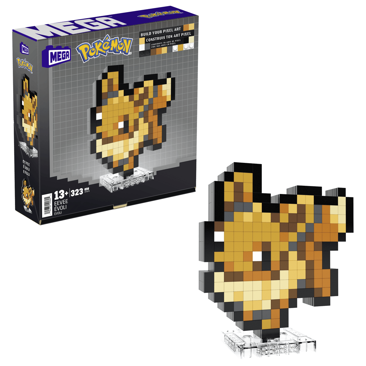 Ein Mega Pokémon Eevee Pixel-Art-Baukasten mit Verpackung und zusammengebauter Figur.