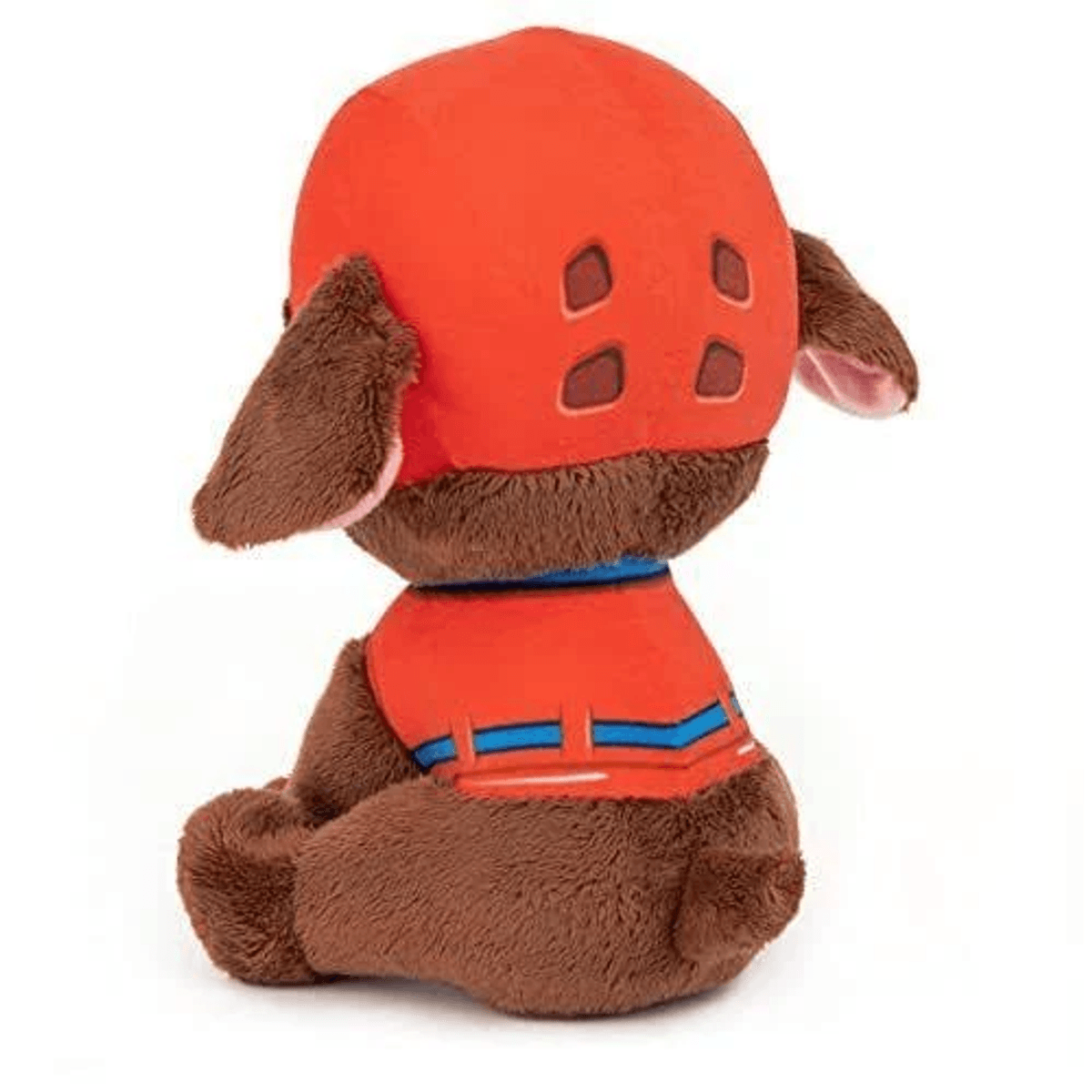 Rückseite eines Plüschhundes mit rotem Helm und roter Weste mit blauen Streifen vor weißem Hintergrund.