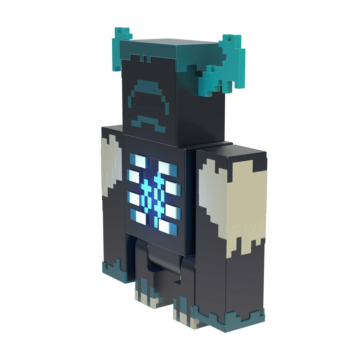 Juguete Warden azul oscuro pixelado con diseño de pecho cian brillante y cuernos sobre un fondo blanco.