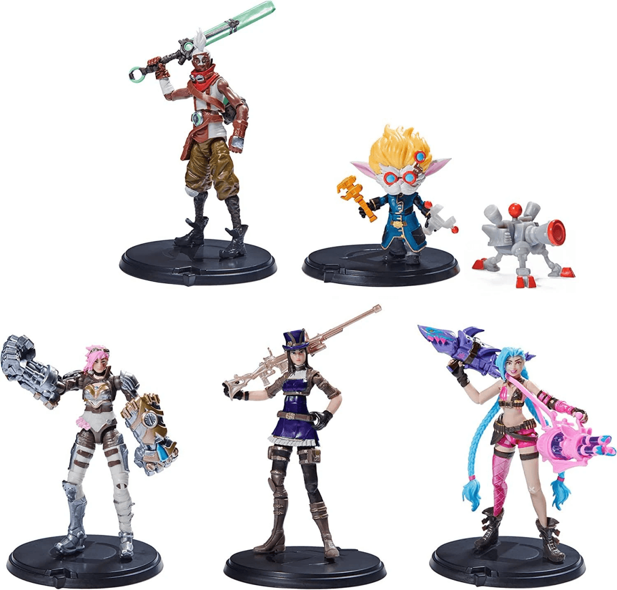 Fünf Actionfiguren von Charakteren mit verschiedenen Waffen und Rüstungen auf runden Sockeln vor weißem Hintergrund.