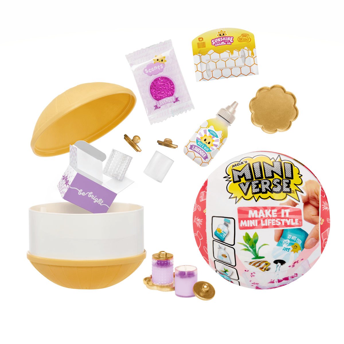 Miniverse Make It Mini Lifestyle Spielset ausgepackt mit gelber Kapsel, Kerzenzubehör und Verpackung.