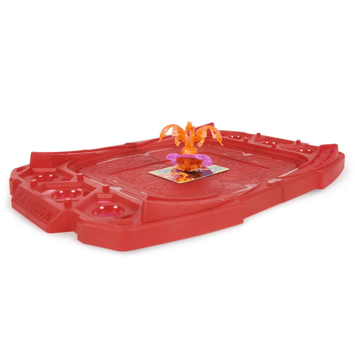 Un tabellone da gioco Bakugan rosso con una statuetta arancione al centro.