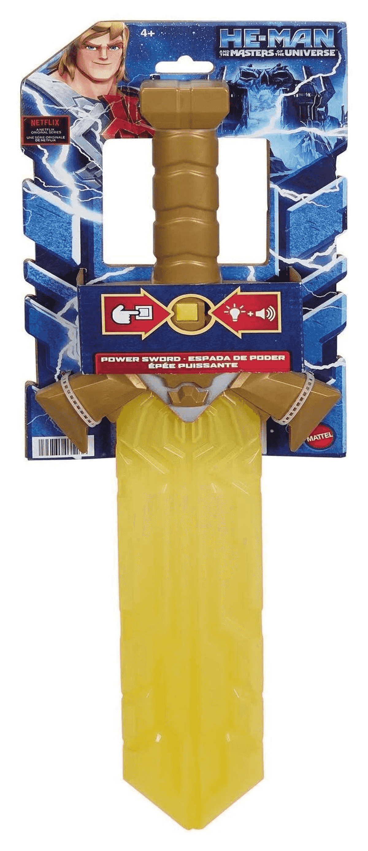 Juguete de espada de poder de He-Man en su empaque azul original con hoja amarilla.