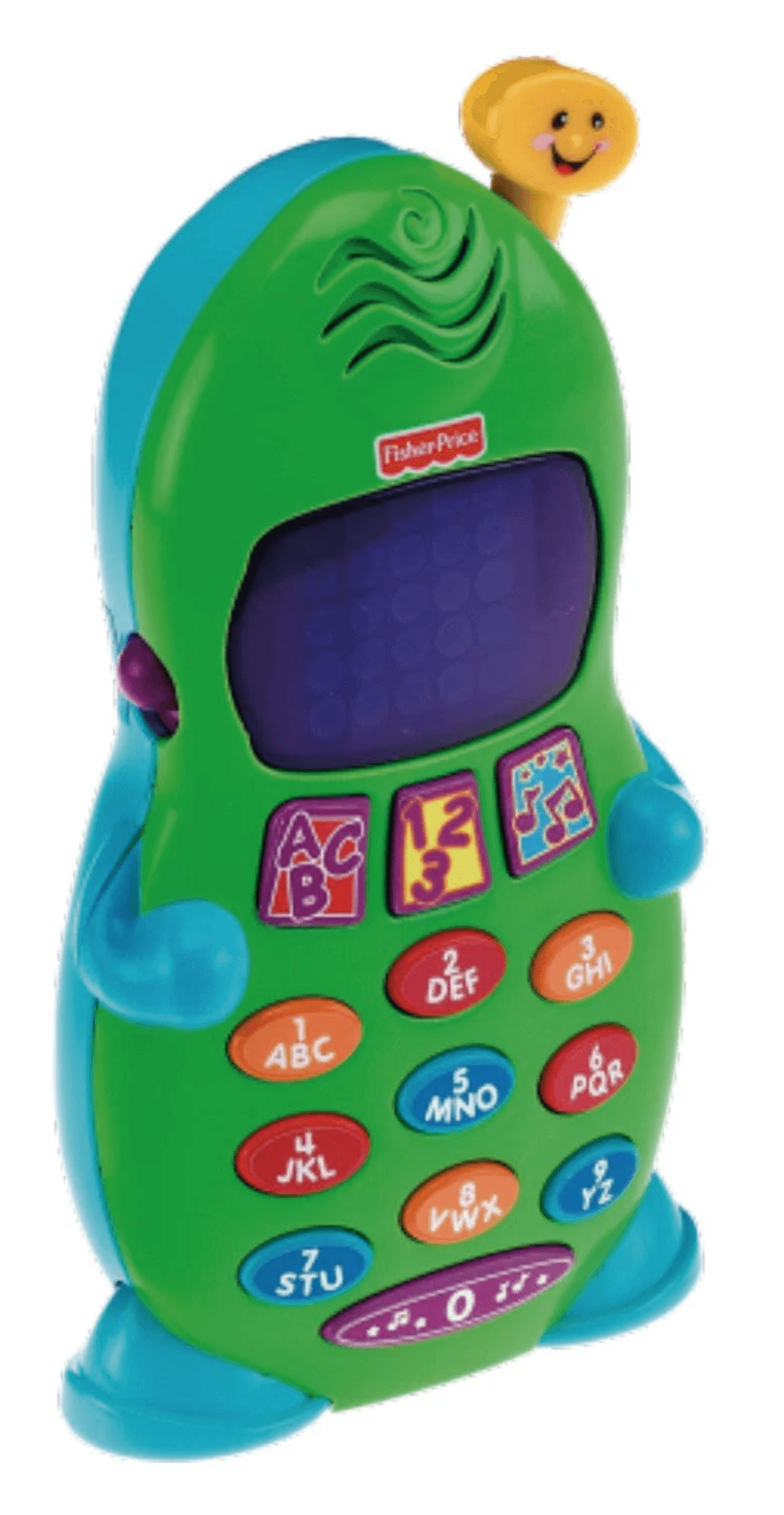 Téléphone jouet Fisher-Price vert avec des boutons colorés, un écran et une antenne jaune.