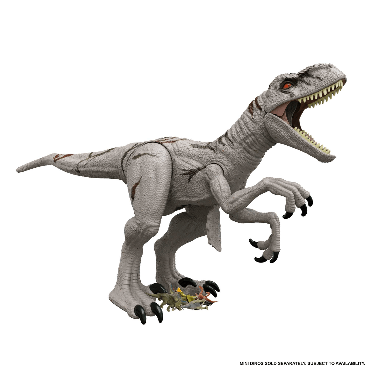 Un giocattolo grigio di Velociraptor con bocca aperta e occhi rossi su sfondo bianco.