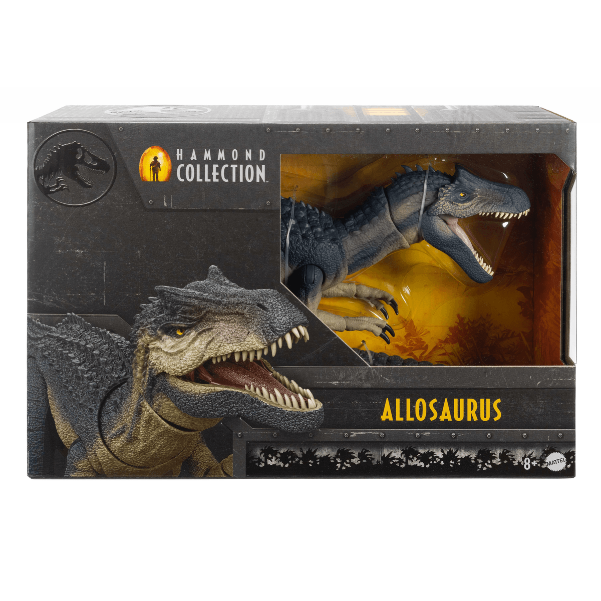 Dinosauro giocattolo Allosaurus Hammond Collection in scatola nera e gialla.