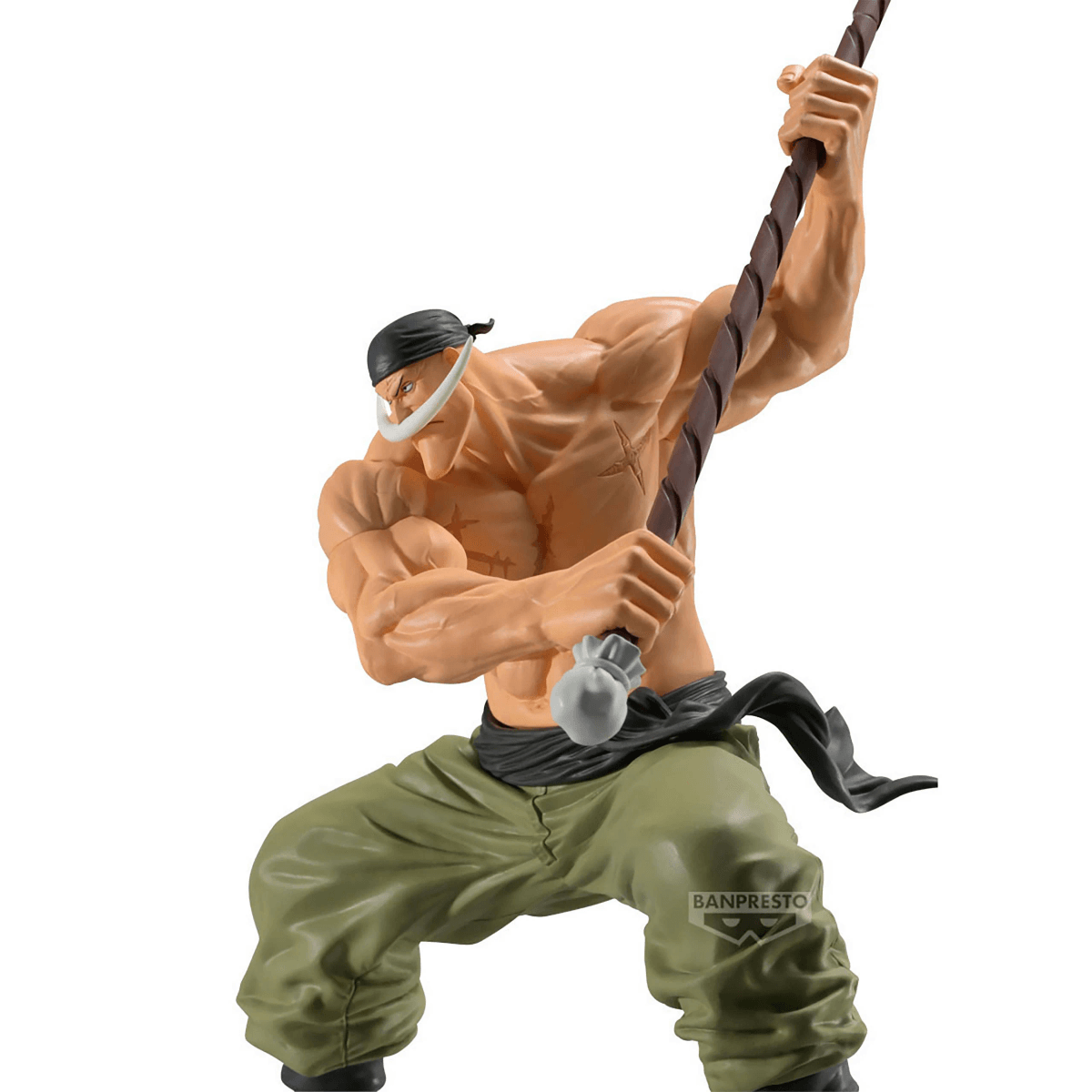 Figura de acción musculosa con bigote blanco, pantalones verdes y arma.