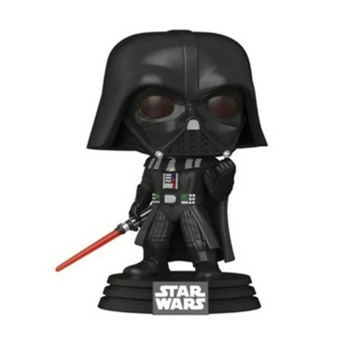 Una figura Funko Pop di Darth Vader con una spada laser rossa su una base Star Wars.