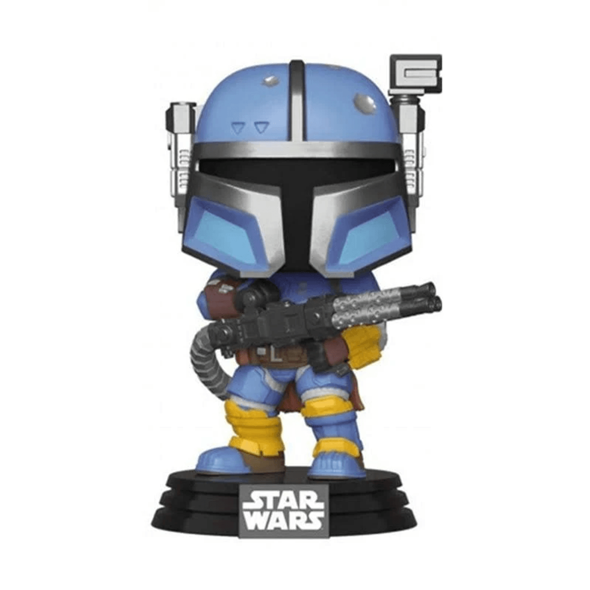 Figure in vinile di Star Wars in armatura blu con blaster pesante ed elmo, su una base nera.
