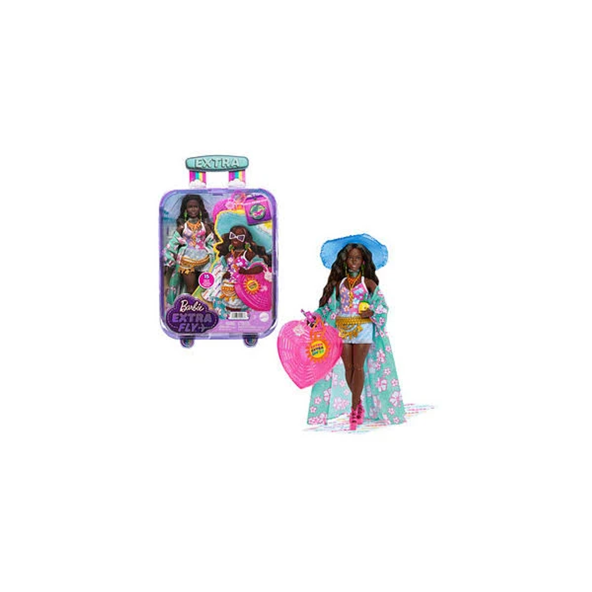Barbie Extra Fly Puppe mit blauem Mantel, rosa Hut und Tasche, neben einer lila Verpackung.