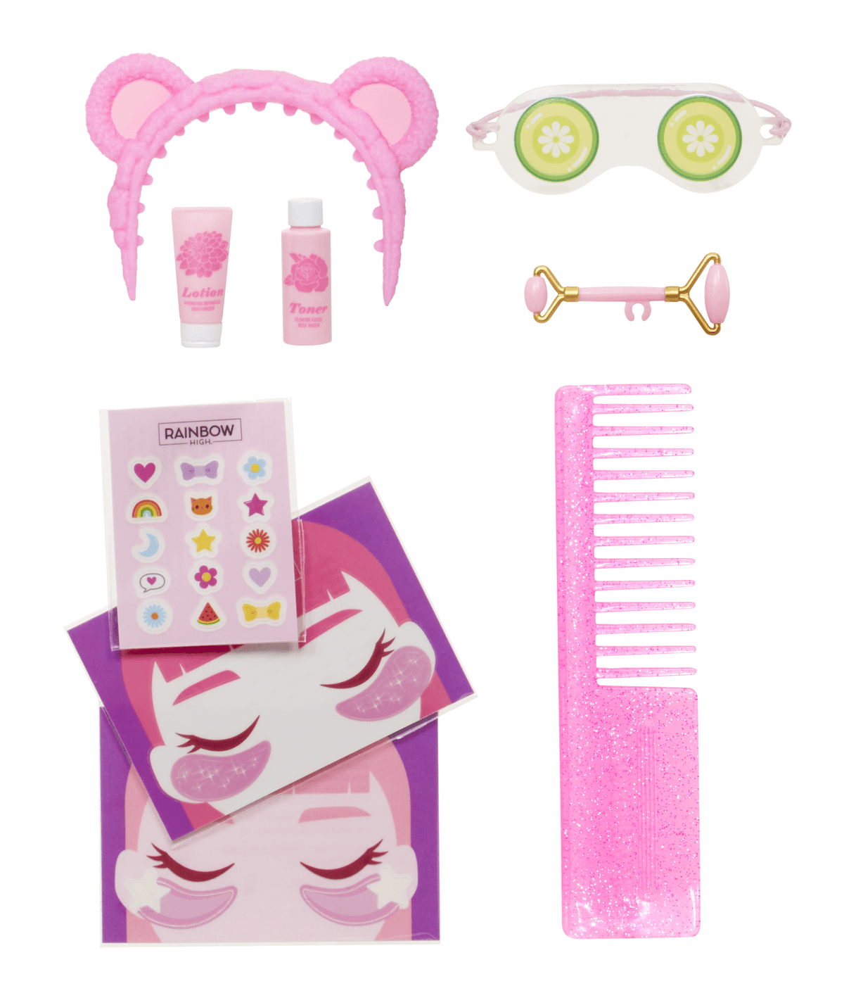 Set spa rosa con cerchietto, lozione, tonico, mascherina, rullo facciale, adesivi e pettine glitterato.
