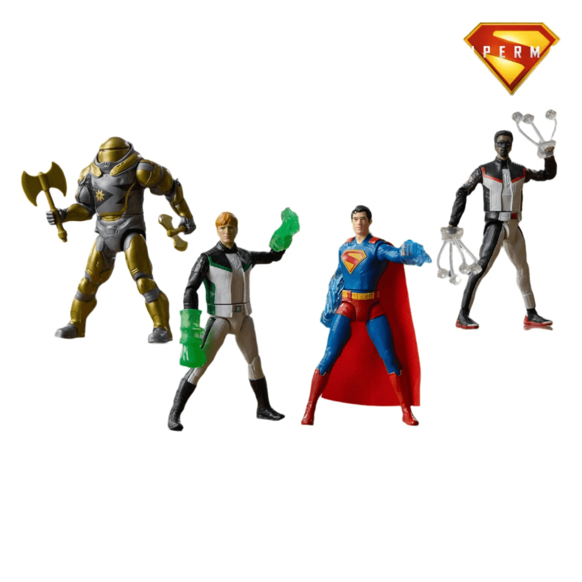 Cuatro figuras de acción de superhéroes de DC sobre un fondo blanco.