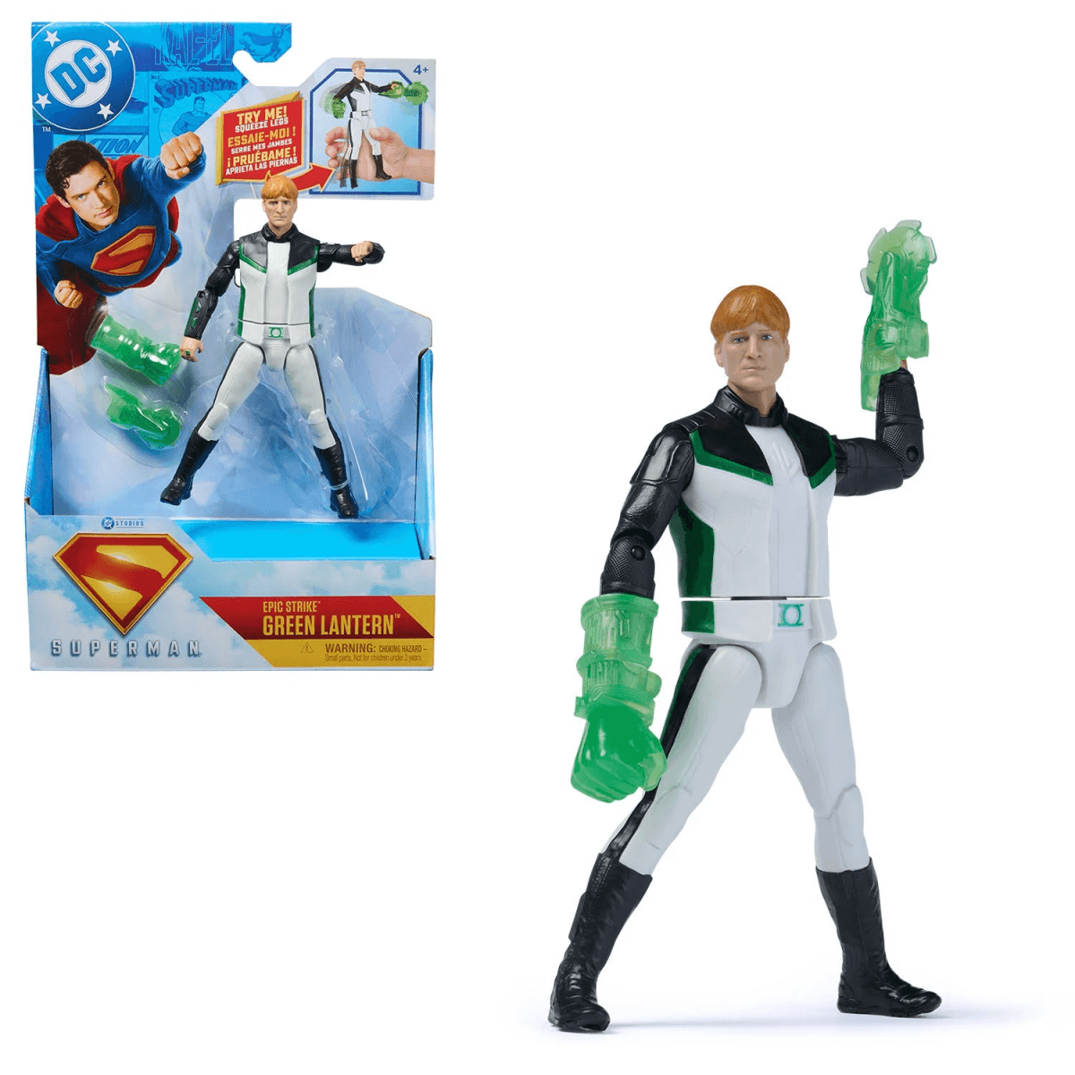 Figura de acción de Green Lantern en traje blanco y negro con guantes de energía verdes, en su empaque.