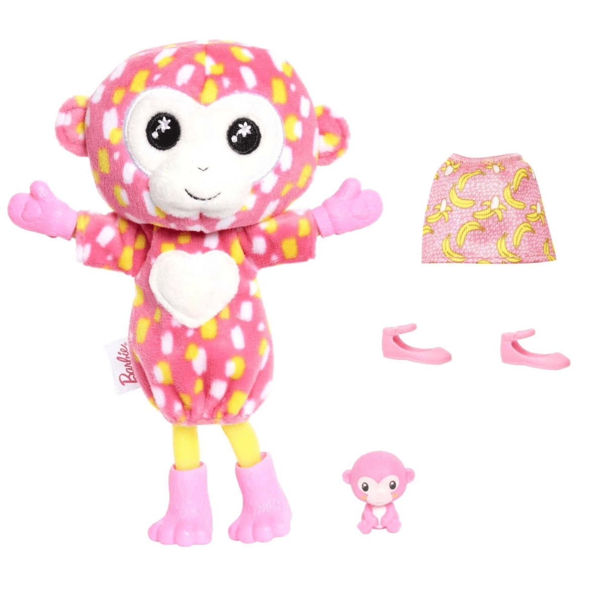 Rosa Affenpuppe mit gelbem Muster, weißem Herz, Rock, Schuhen und Mini-Affe auf weißem Grund.