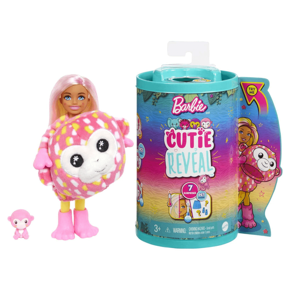 Eine Barbie Cutie Reveal Puppe im Plüsch-Affenkostüm mit Mini-Figur und Verpackung.