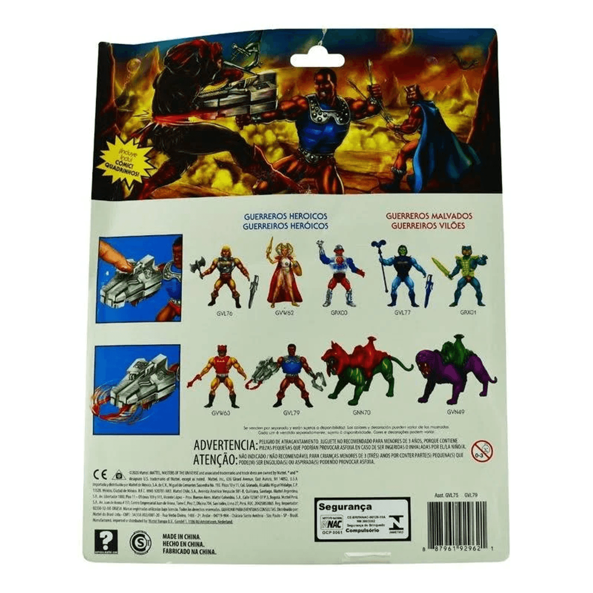 Masters of the Universe Spielzeugverpackung mit Actionfiguren, Artwork und Warnhinweisen.