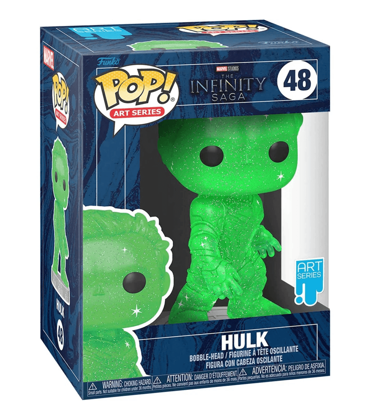 Una figura de Hulk de la serie Funko Pop Art de Marvel Infinity Saga, verde y brillante, en su caja.