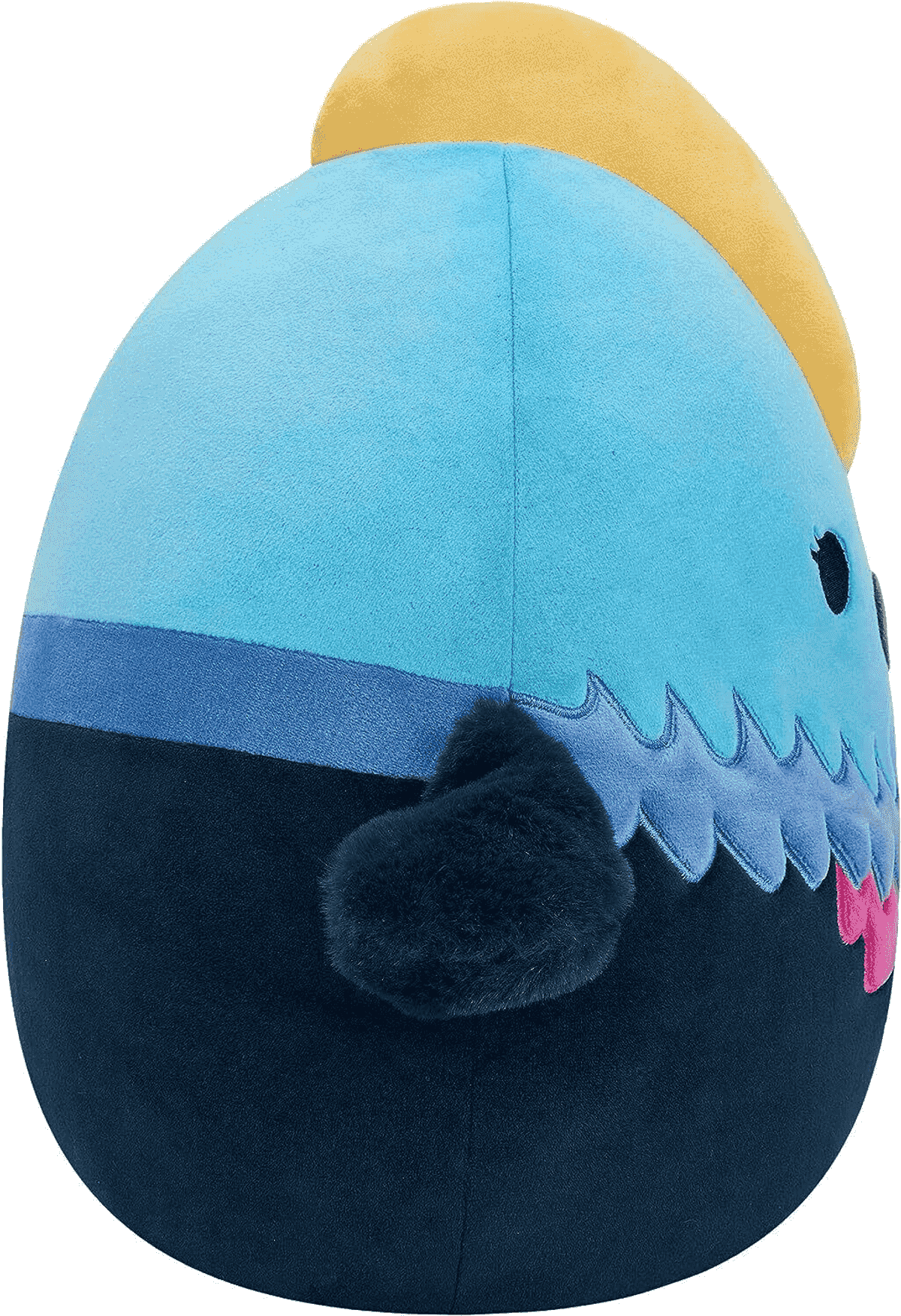 Peluche azul con cabeza amarilla, ojo negro y pelo oscuro sobre fondo blanco.