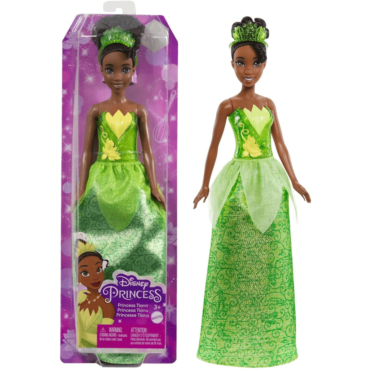 Disney Prinzessin Tiana Puppe in einem grünen Kleid neben der lila Verpackung.