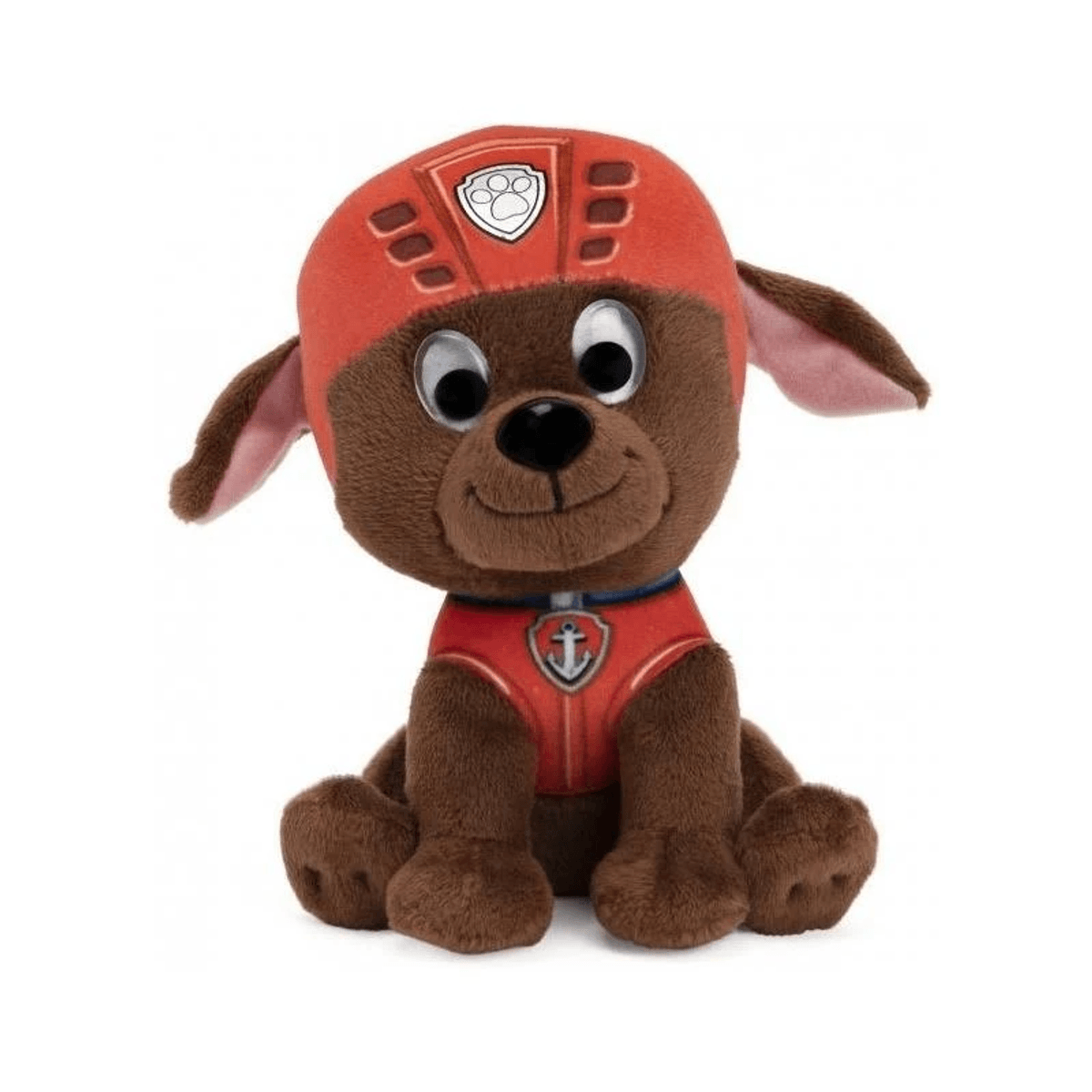 Ein braunes Plüschhund-Spielzeug mit rotem Helm und Weste mit Anker-Emblem, auf weißem Hintergrund.