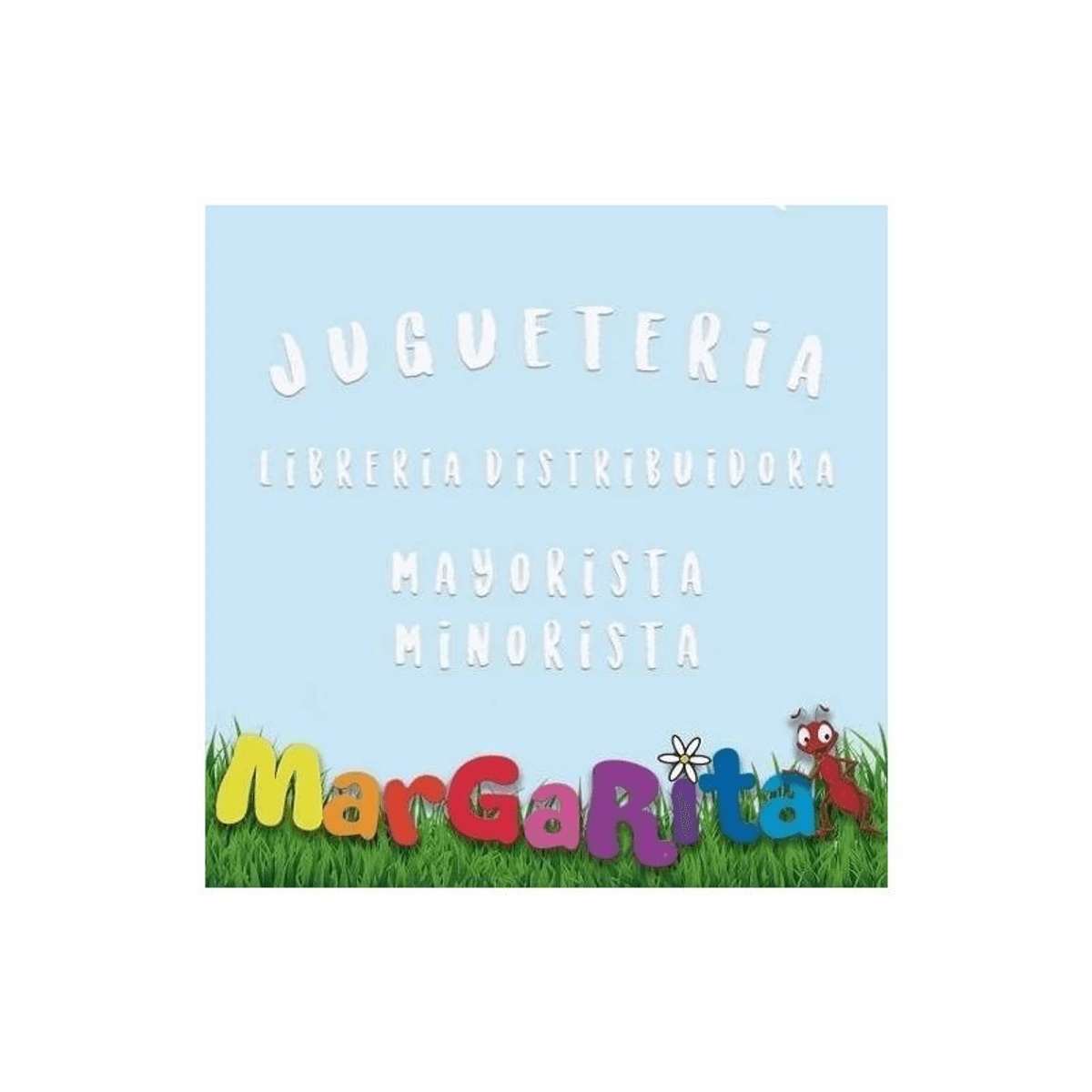 Blaue Grafik mit weißem Text und dem bunten Schriftzug MarGarita im Gras mit einer kleinen Ameise.