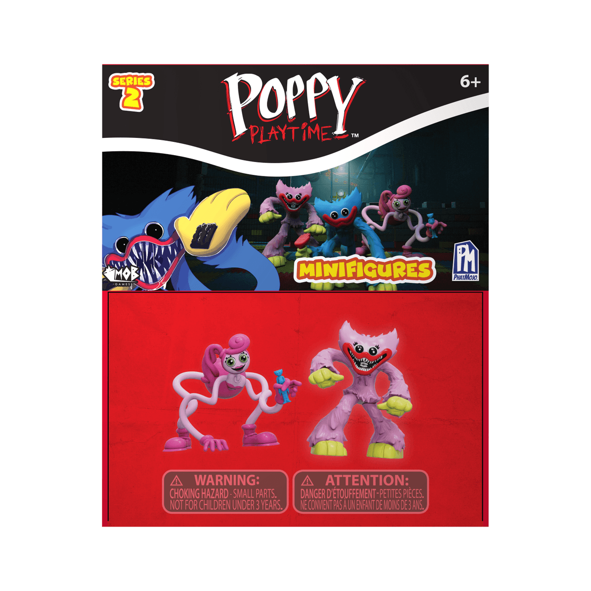 Caja de minifiguras de Poppy Playtime Serie 2 con monstruos rosas y azules sobre fondo rojo y negro.