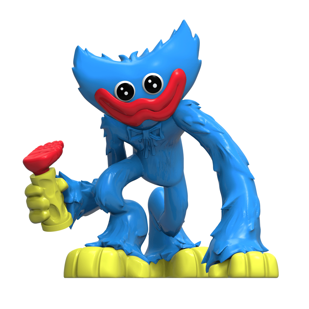 Una figura de peluche azul con sonrisa roja, grandes ojos negros, pies amarillos y sosteniendo un objeto amarillo.