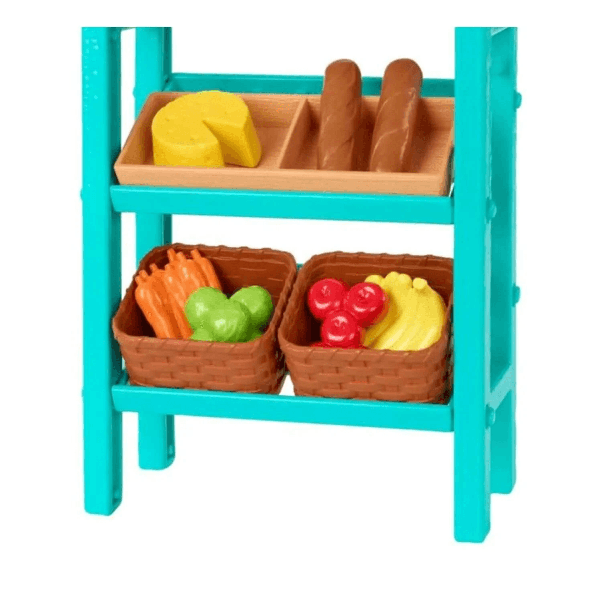 Ein türkisfarbenes Spielzeugregal mit Holzkisten, gefüllt mit Plastiklebensmitteln wie Käse, Brot, Karotten und Obst.
