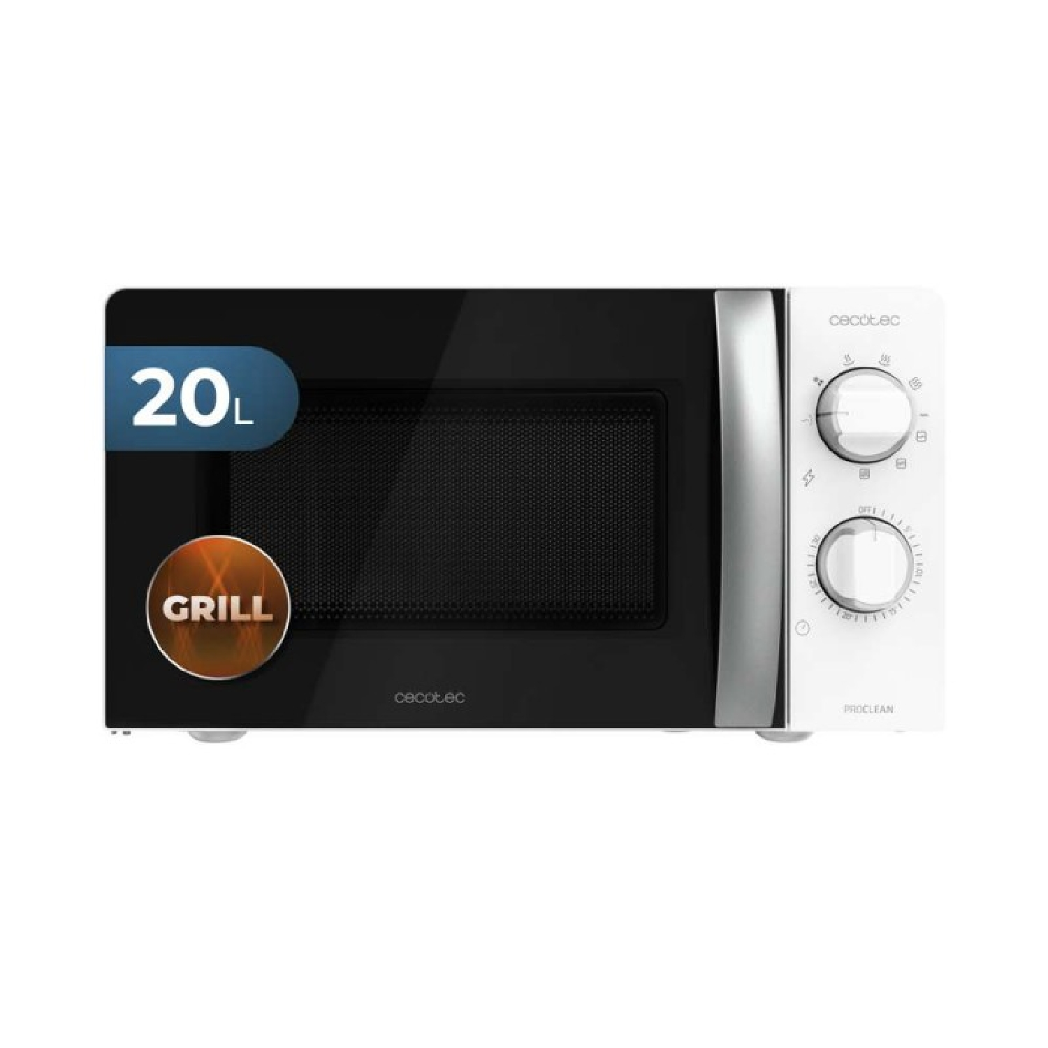 Un microondas Cecotec blanco y negro con 20L de capacidad, función grill y dos mandos giratorios.