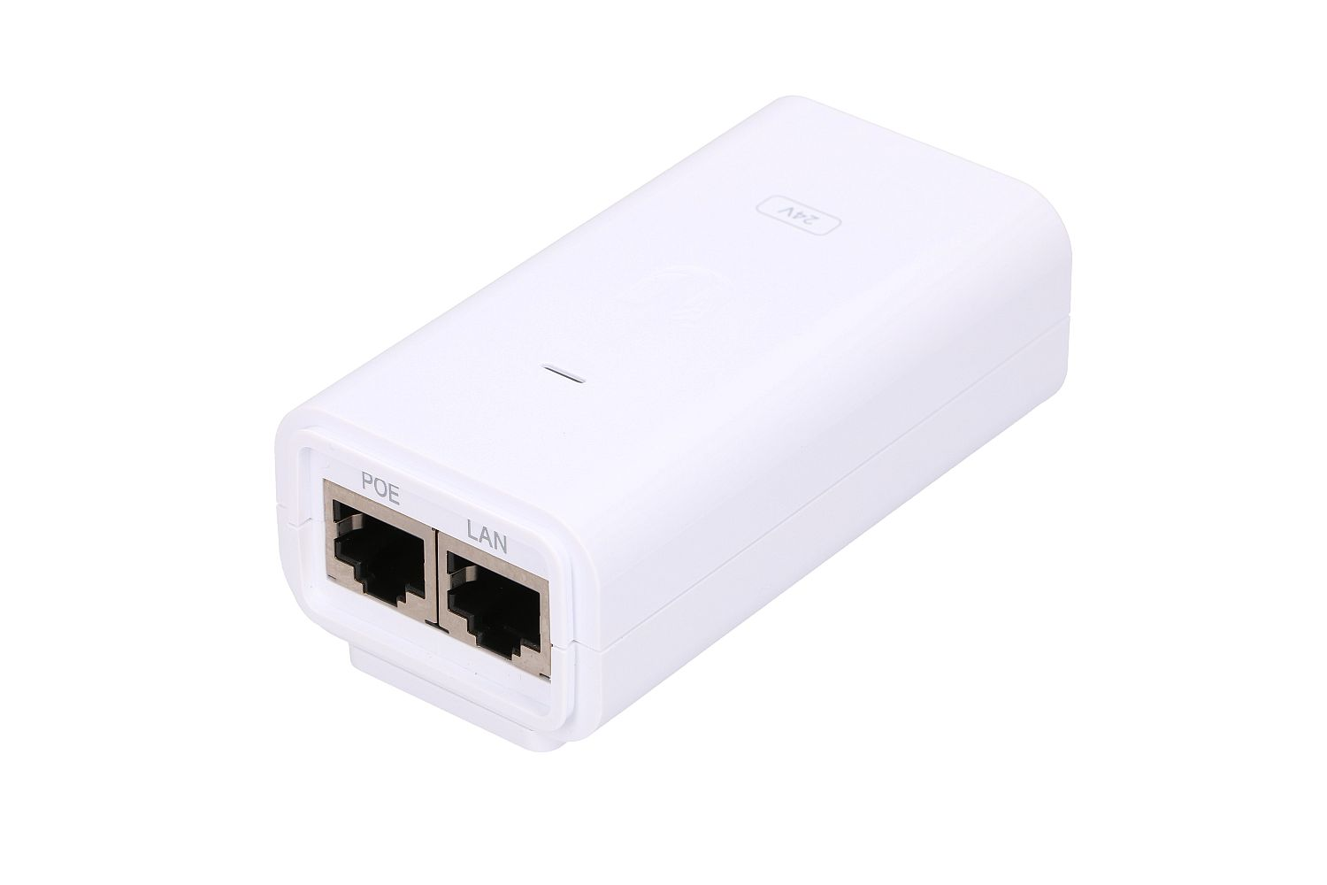 Un inyector PoE blanco con dos puertos RJ45 etiquetados como PoE y LAN, sobre un fondo blanco.
