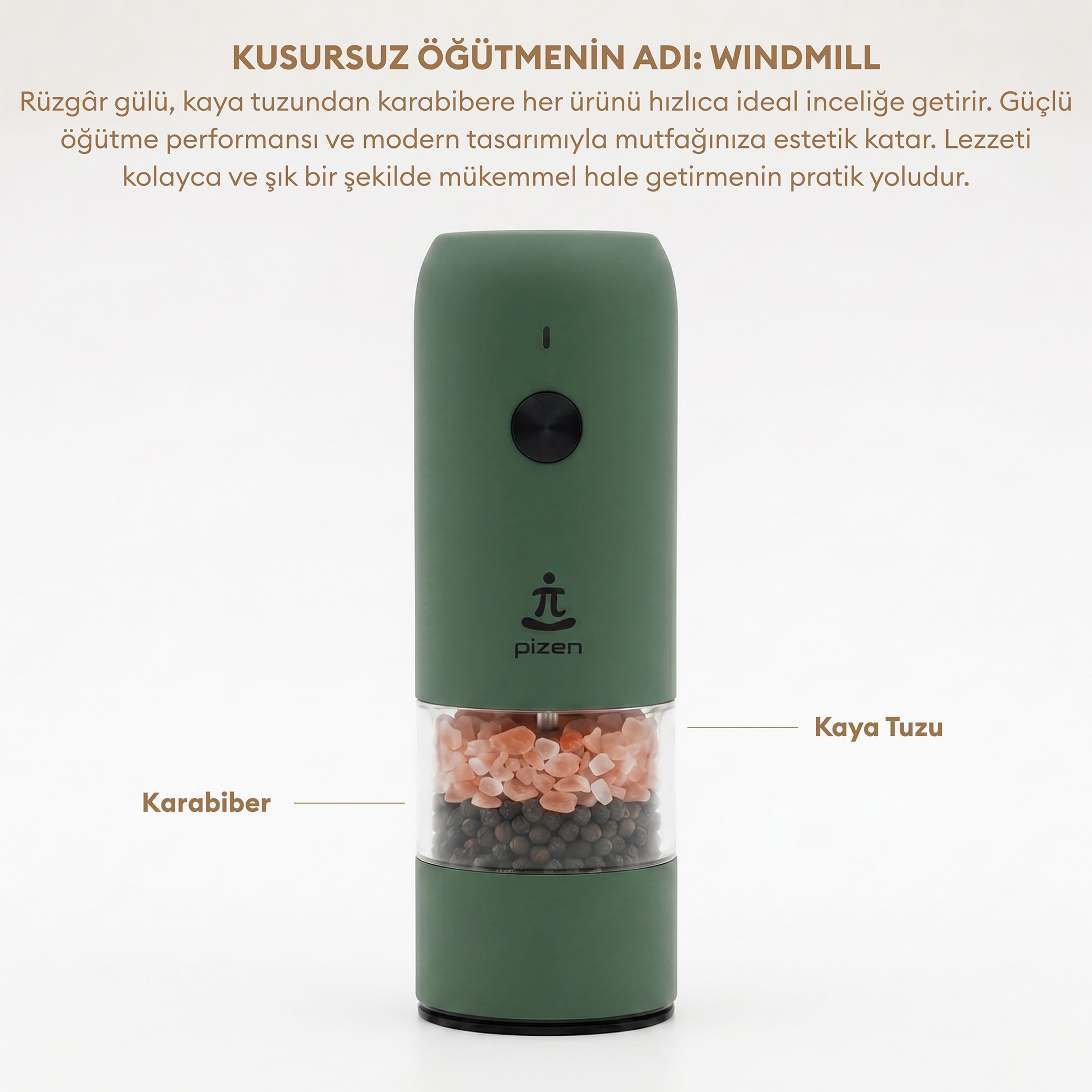 Beyaz arka planda kaya tuzu ve karabiber gösteren şeffaf hazneli yeşil elektrikli baharat öğütücü.
