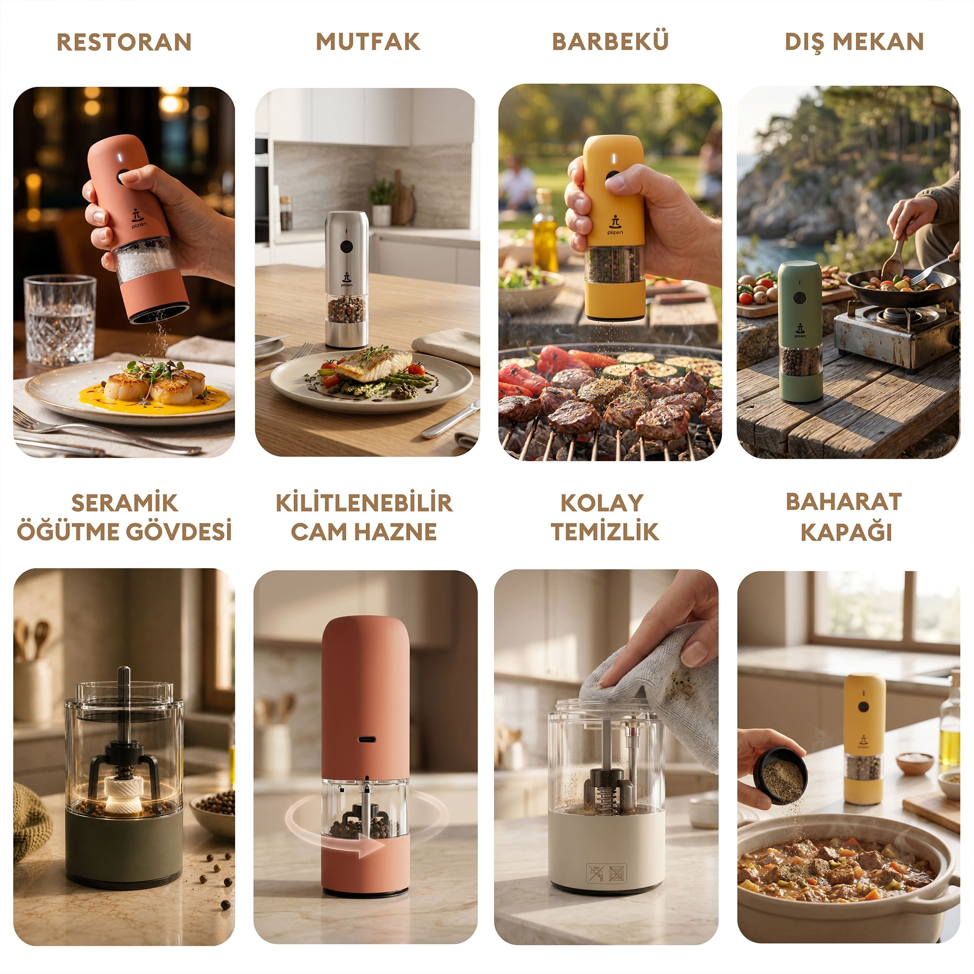 Mutfak, barbekü ve dış mekan gibi çeşitli ortamlarda renkli elektrikli tuz ve karabiber değirmenini gösteren sekiz panel.