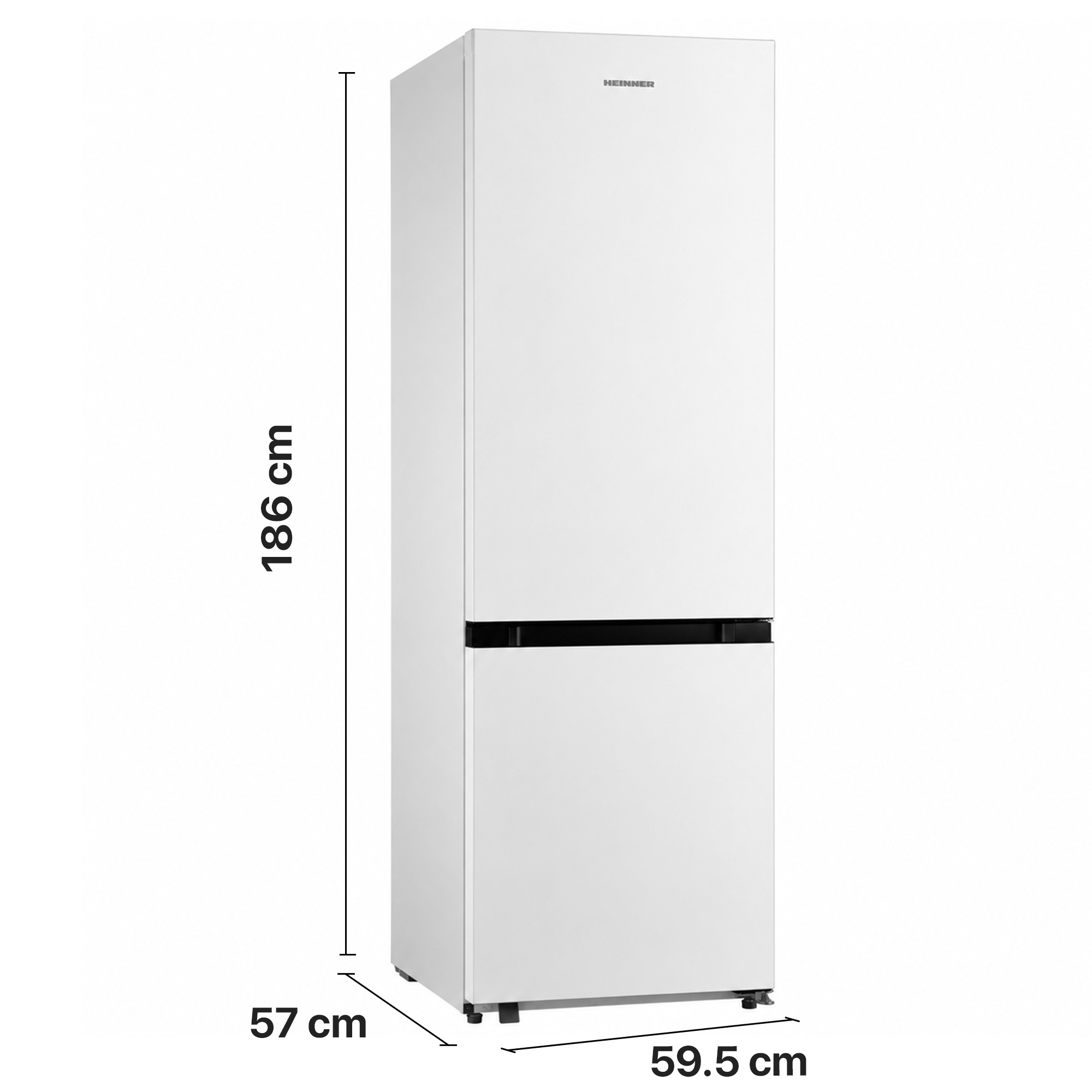 Witte Heinner koelkast met afmetingen: 186 cm hoog, 59,5 cm breed, 57 cm diep.