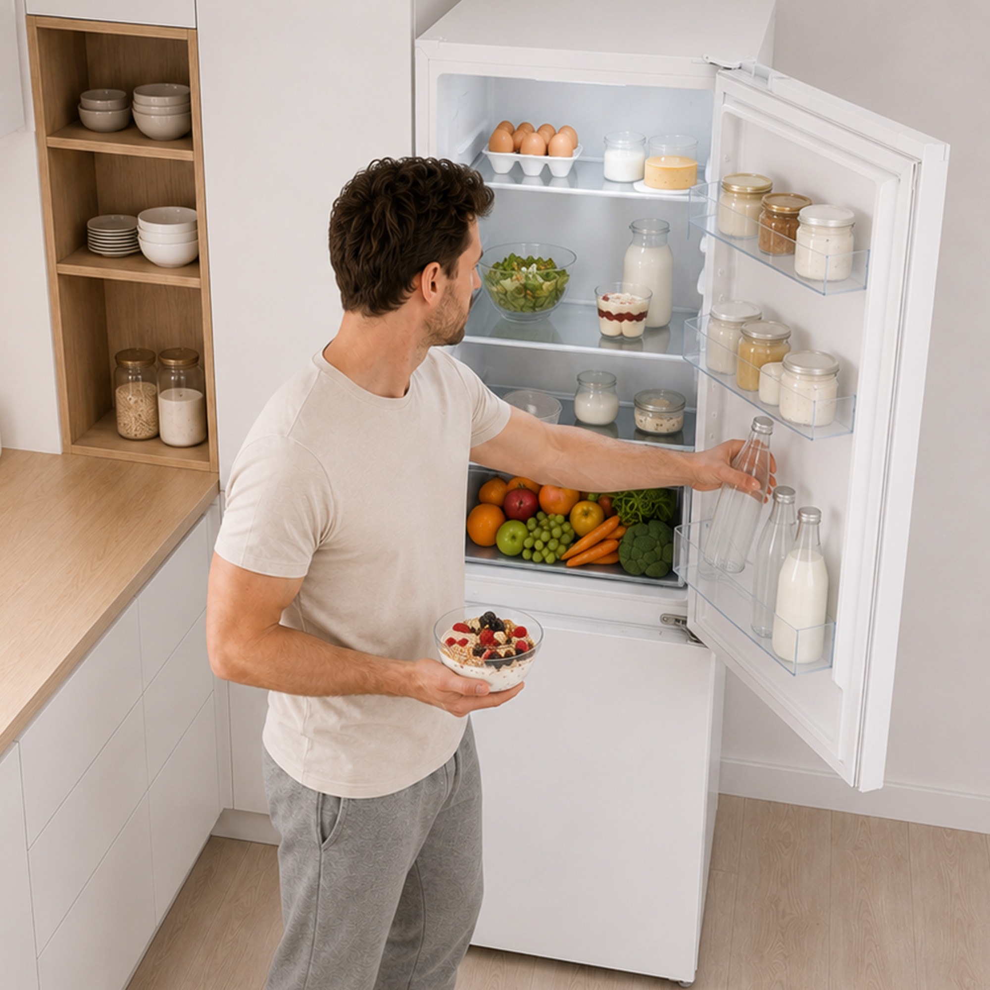 Een man houdt een bakje yoghurt vast en reikt in een open witte koelkast.