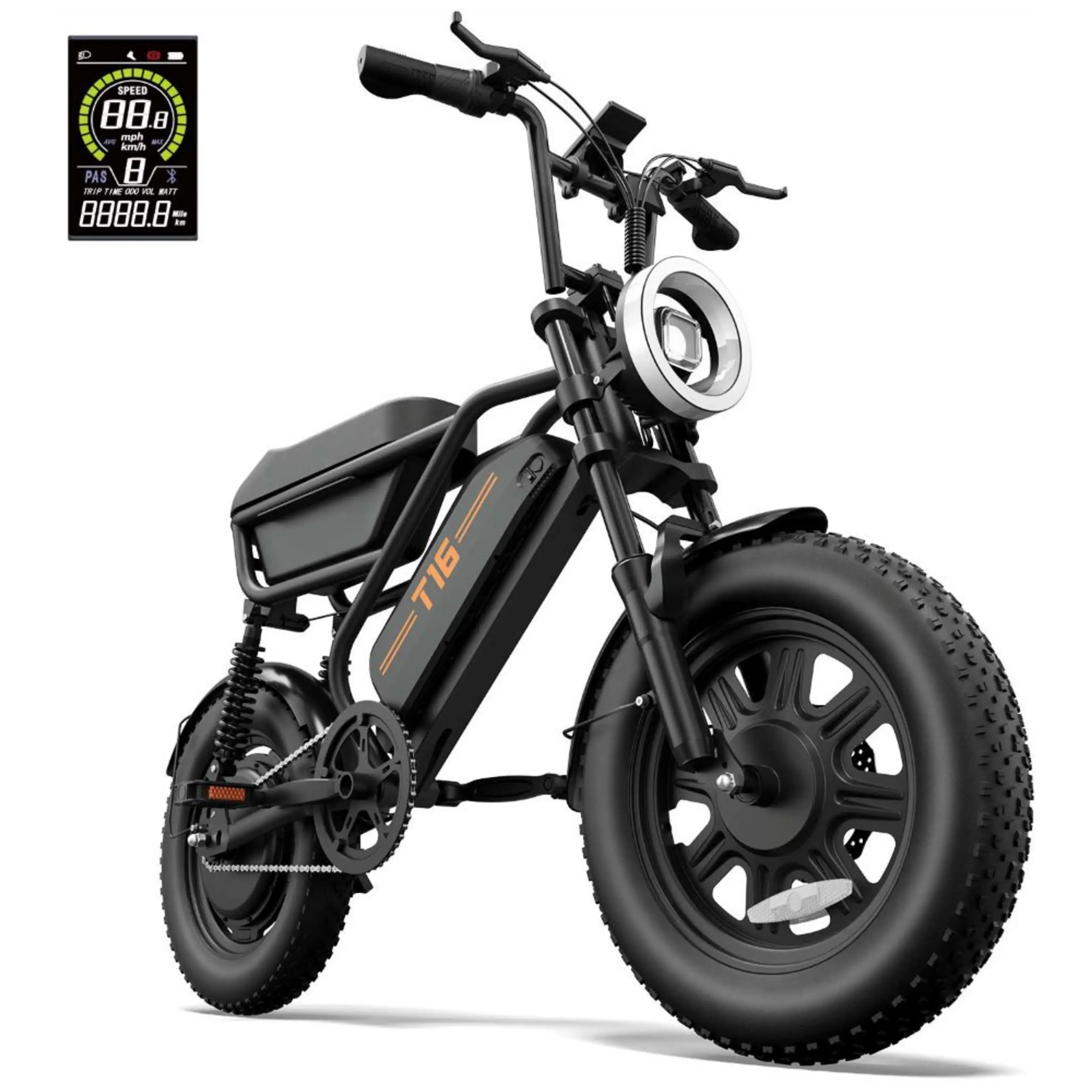 Ein schwarzes T16 Elektro-Moped mit breiten Reifen, runden LED-Scheinwerfern und digitaler Display-Anzeige.