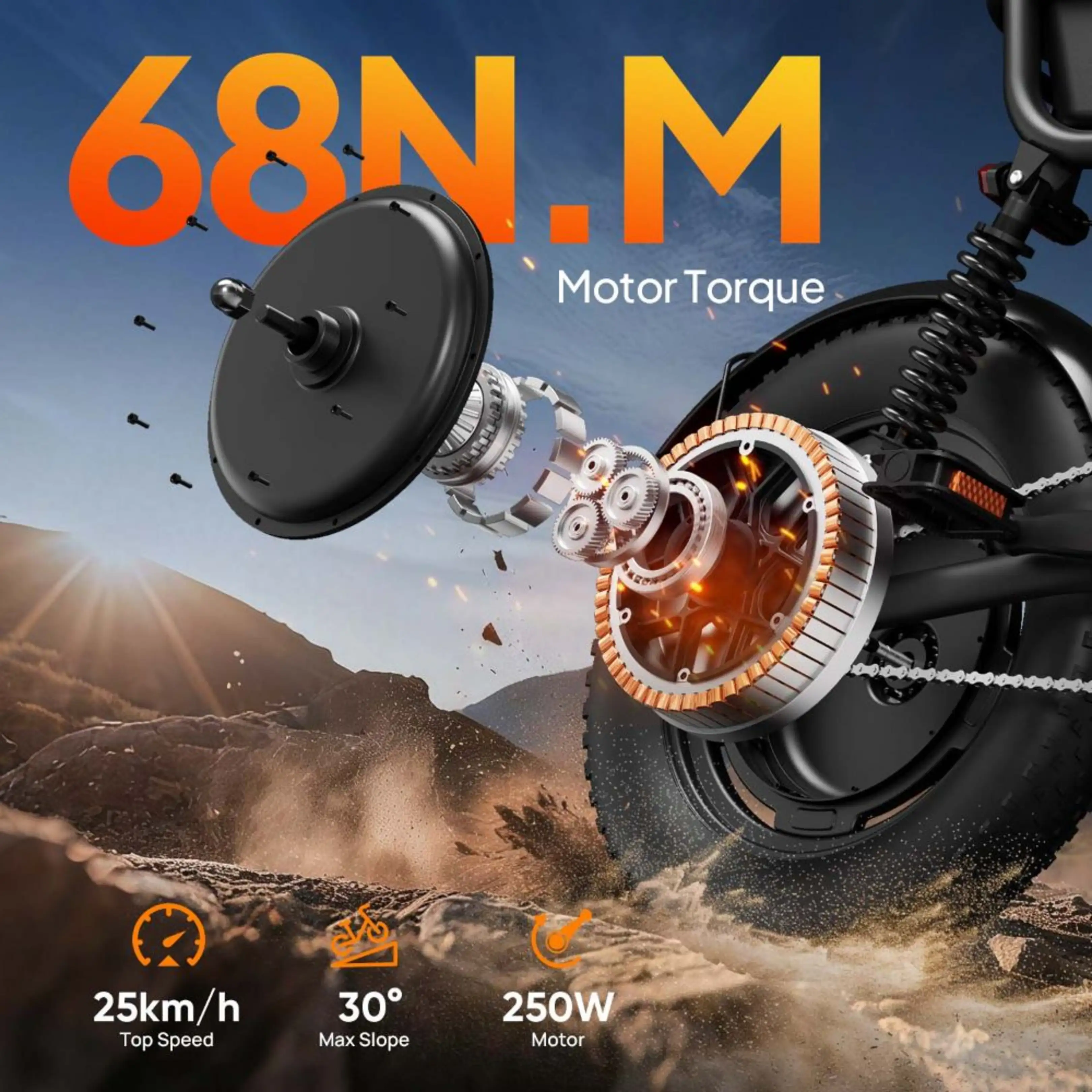 Explosionszeichnung eines E-Bike-Motors mit 68 Nm Drehmoment über einer Berglandschaft.